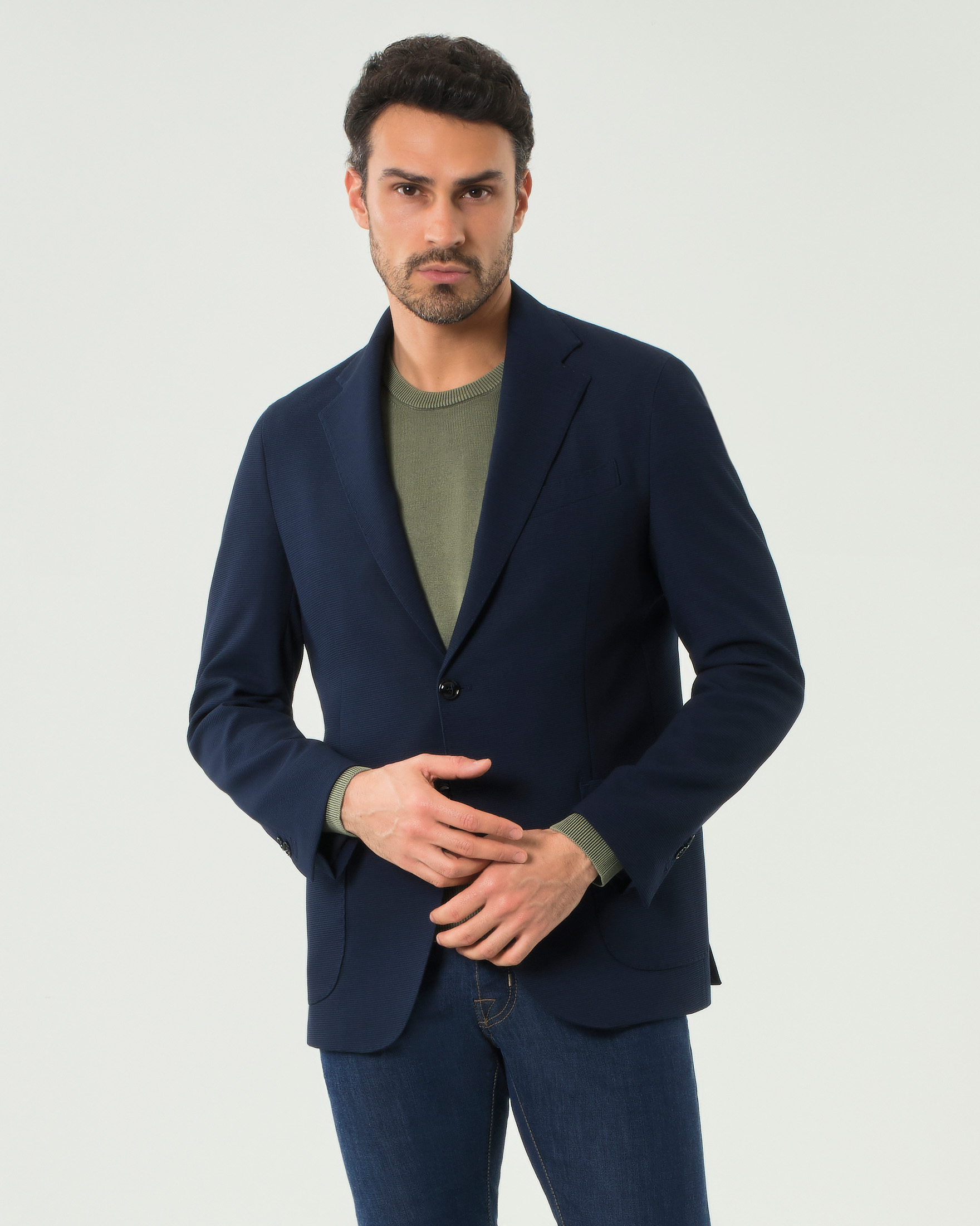 Blazer blu in jersey di viscosa stretch micro armatura