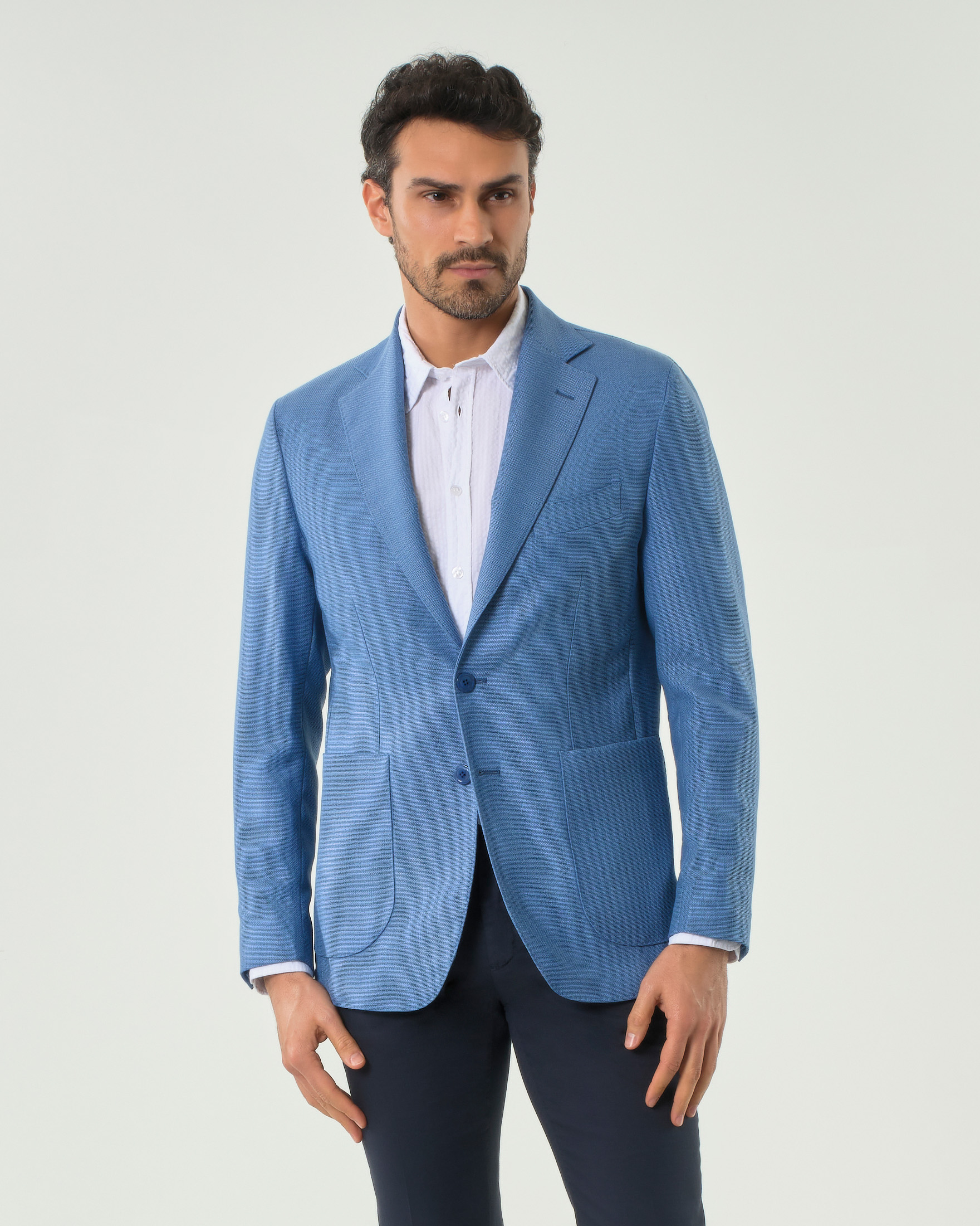 Blazer Pellizzari celeste in tela di lana Barberis con tasche a toppa