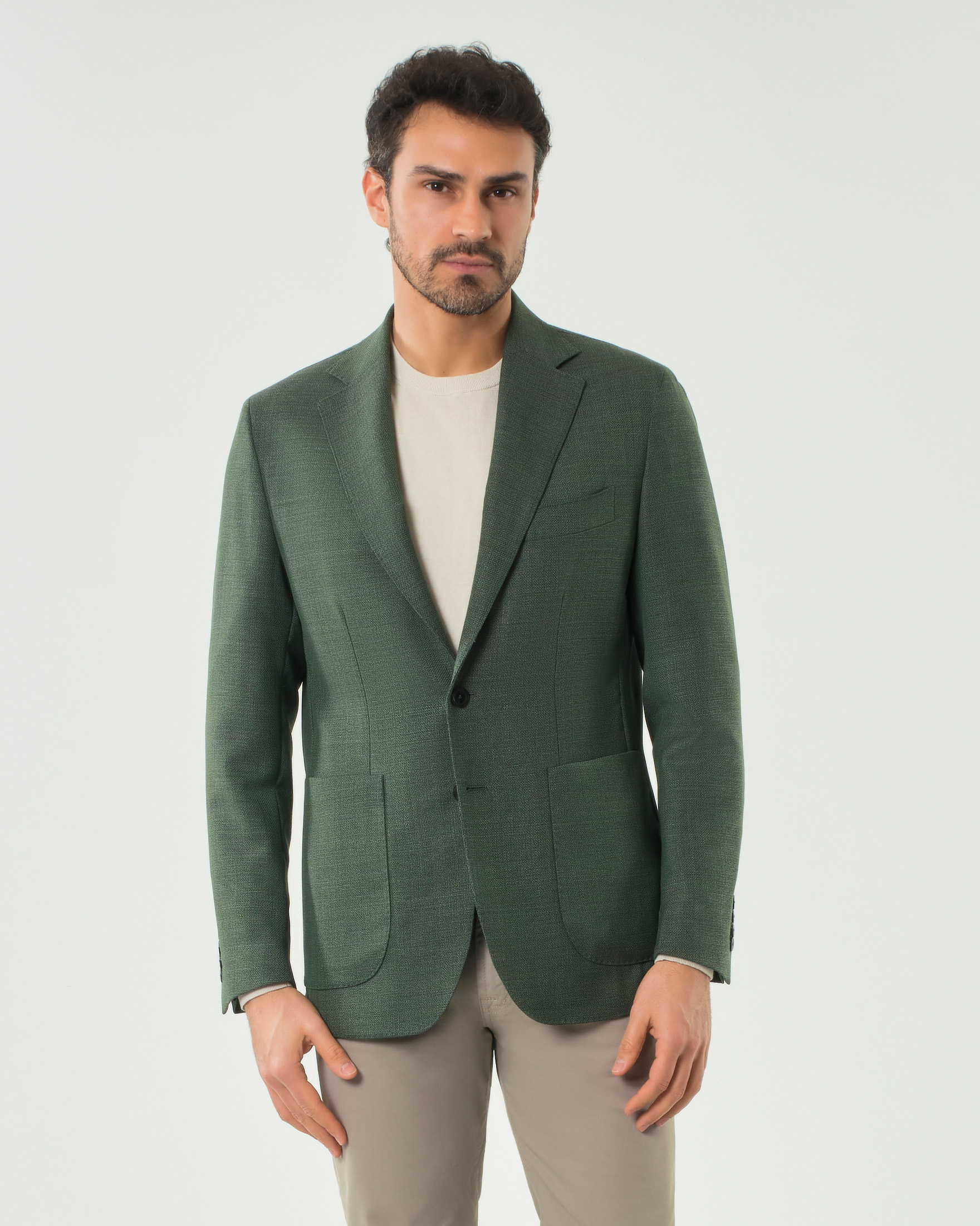 Blazer Pellizzari verde in tela di lana Barberis con tasche a toppa
