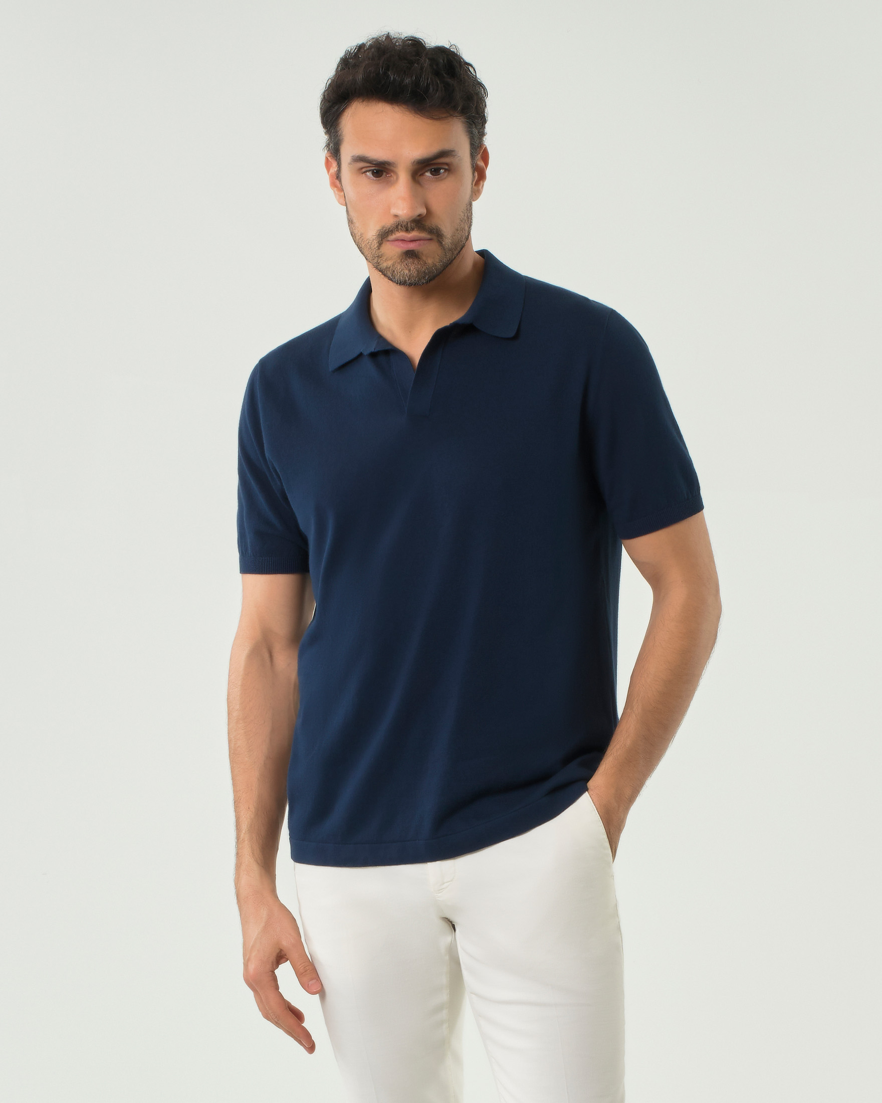 Polo mezza manica blu Pellizzari in crêpe di puro cotone con colletto bowling
