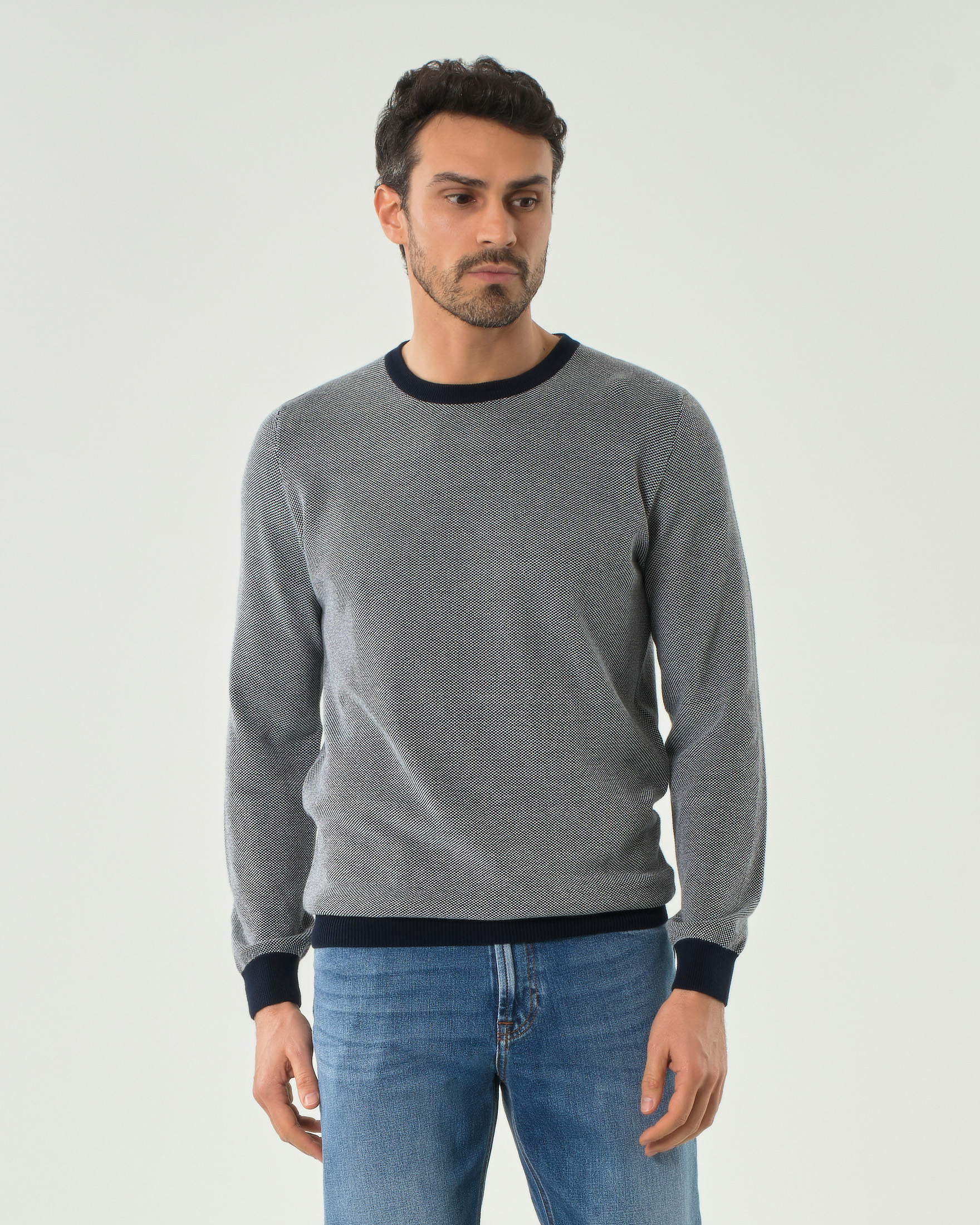 Maglia girocollo Pellizzari in puro cotone mirco armatura bicolore blu e bianca