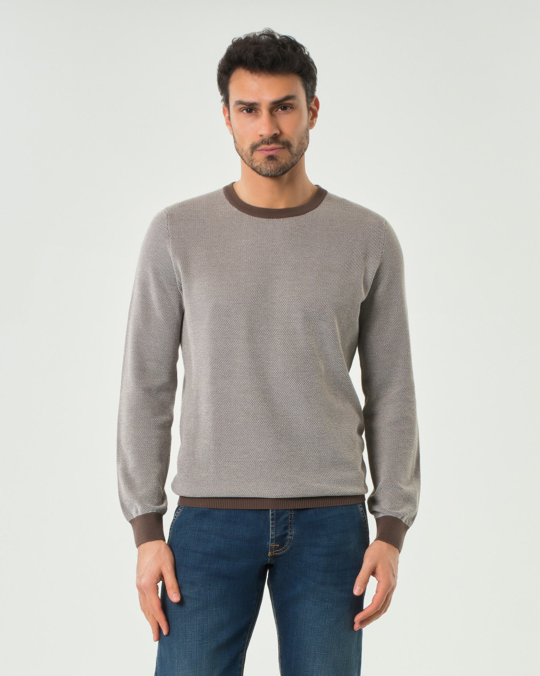 Maglia girocollo Pellizzari in puro cotone mirco armatura bicolore blu e marrone