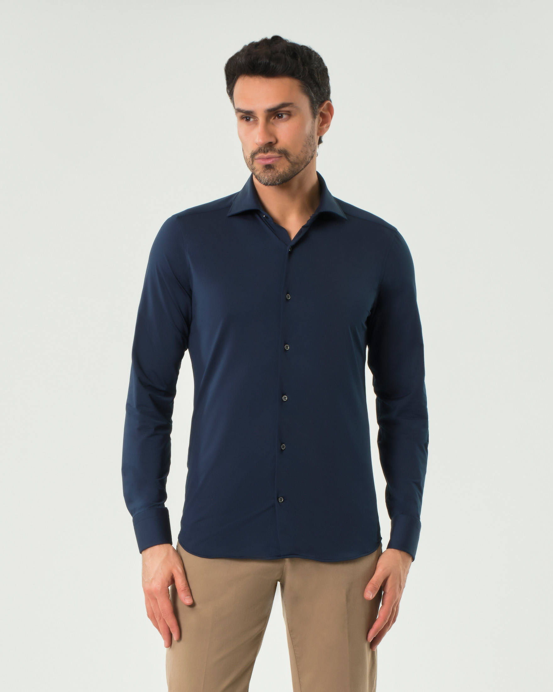 Camicia Pellizzari blu in tessuto tecnico hyper comfort simil pin point con collo alla francese