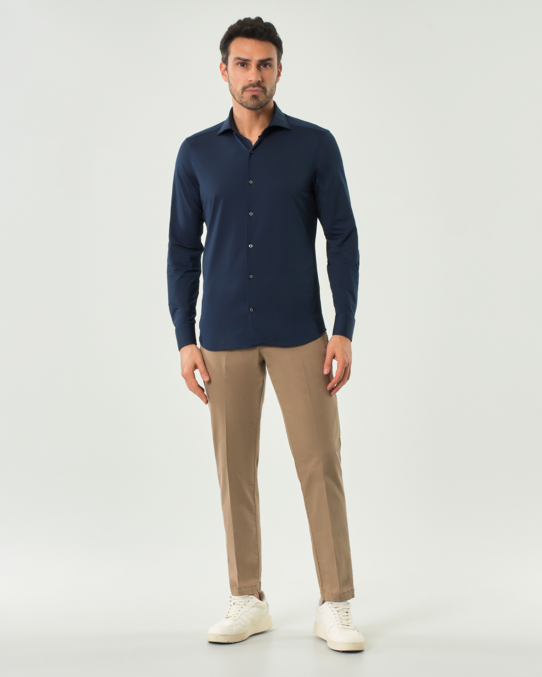 Camicia Pellizzari blu in tessuto tecnico hyper comfort simil pin point con collo alla francese image