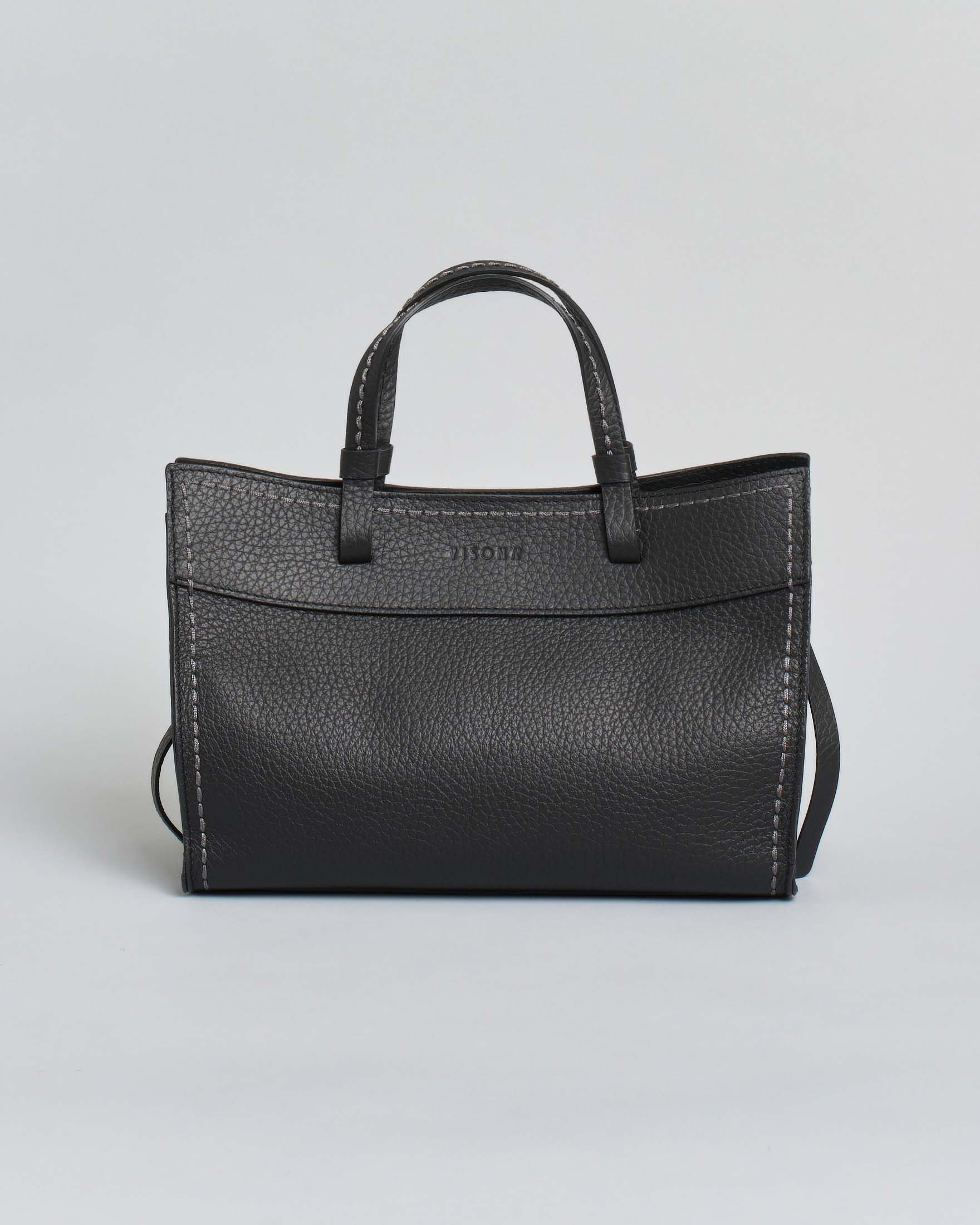 Shopping bag Visonà media in pelle martellata nera con tracolla removibile