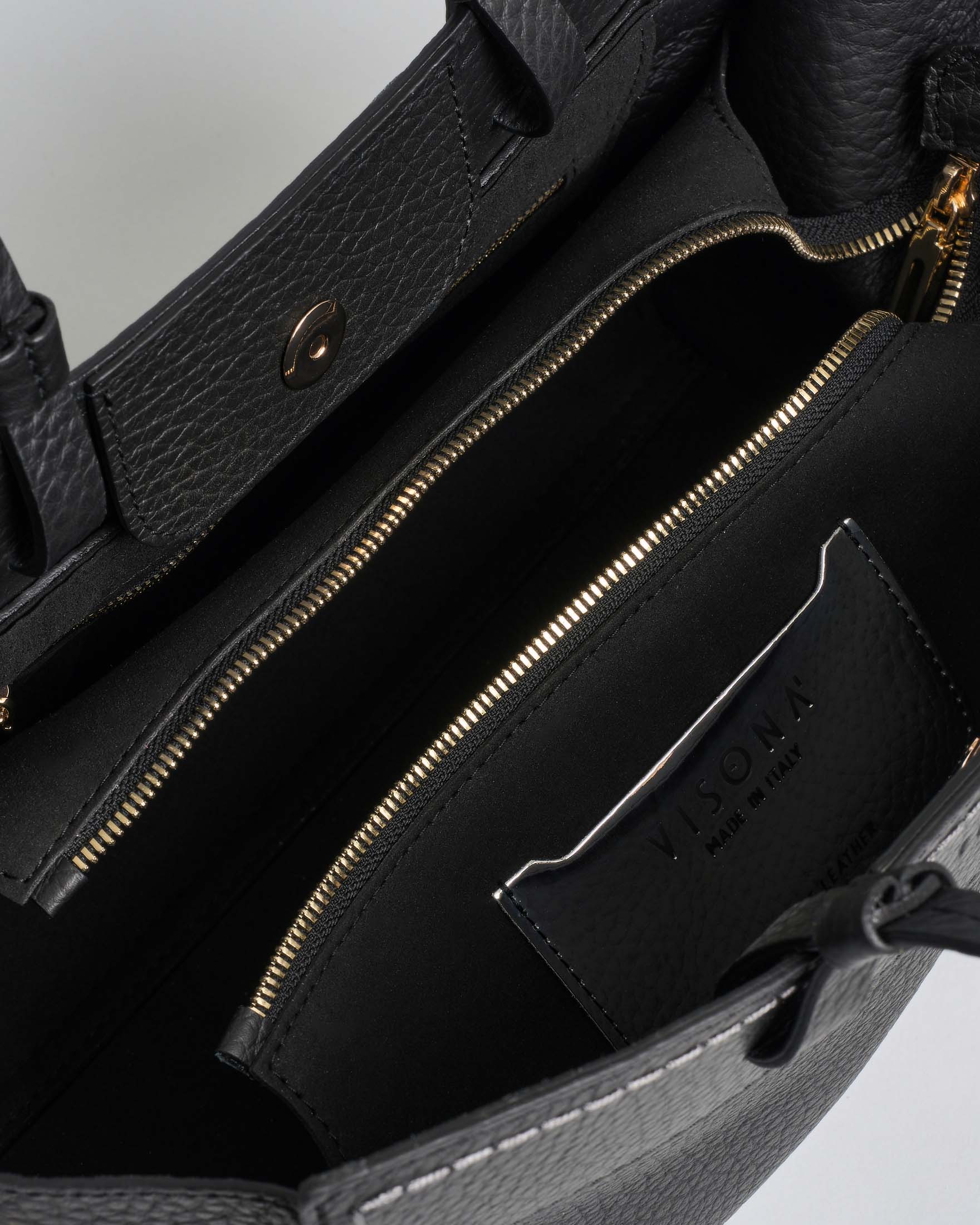 Shopping bag Visonà media in pelle martellata nera con tracolla removibile image