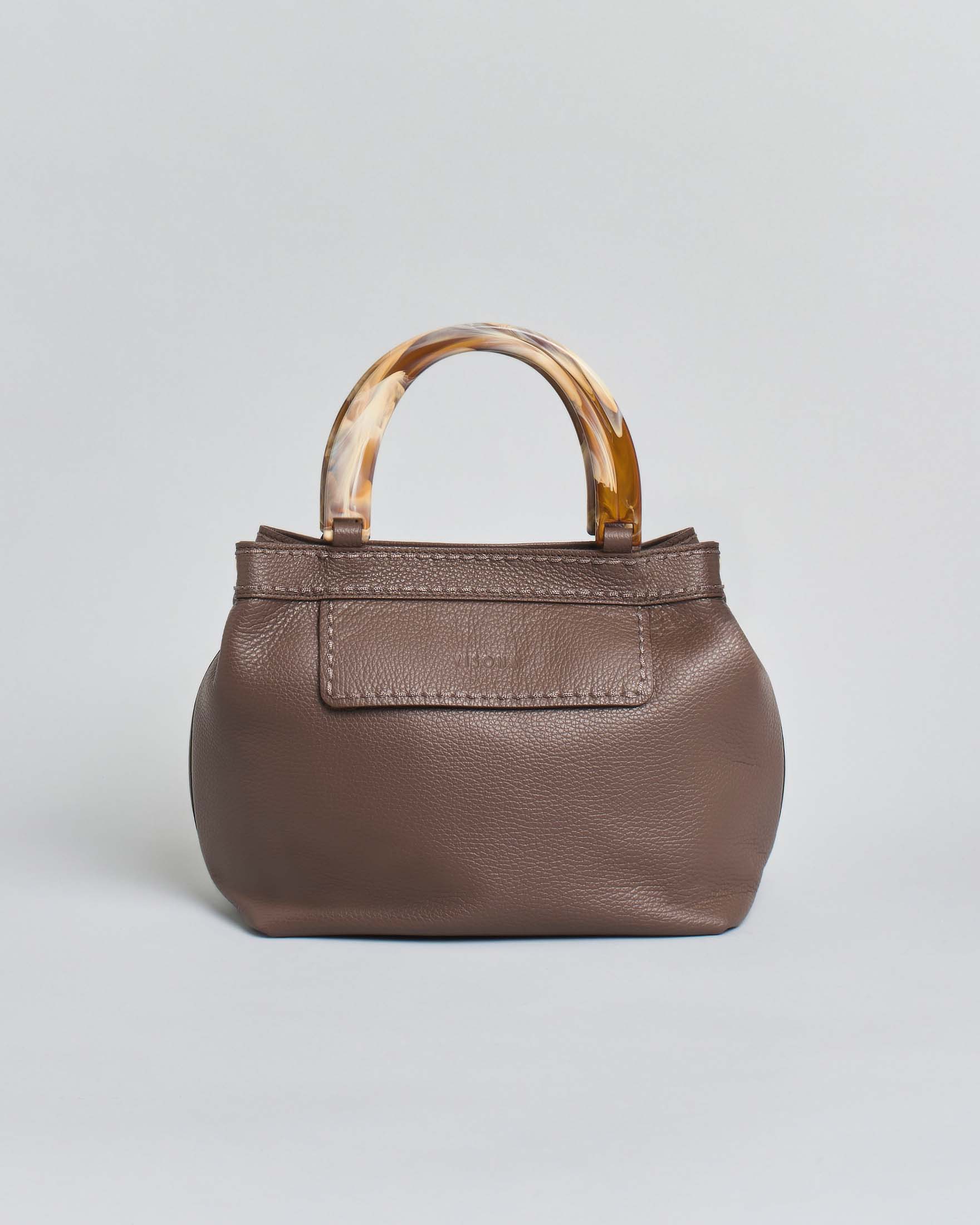 Borsa a spalla Ambra Piccola Visonà in pelle martellata color testa di moro e manici in osso