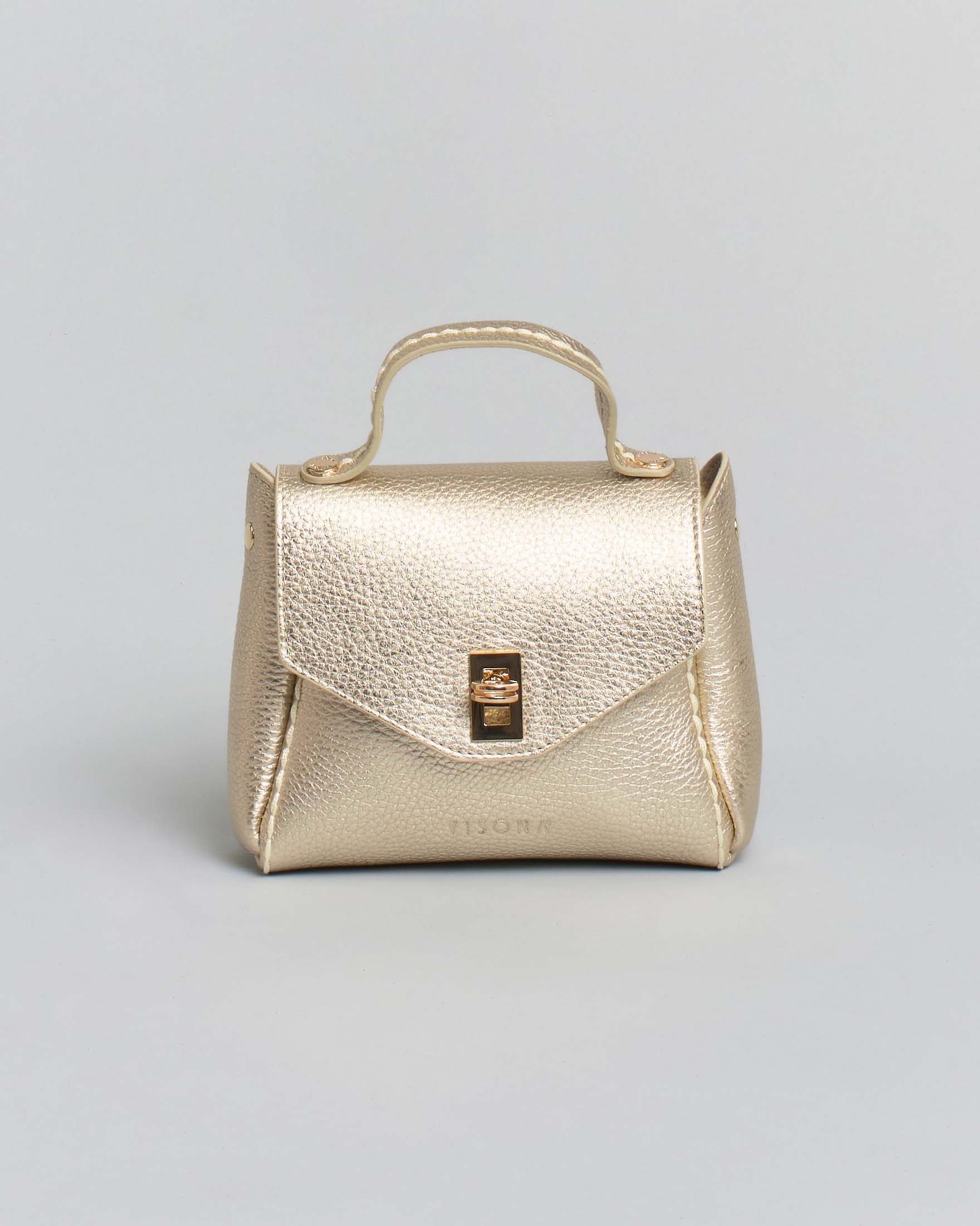 Mini Bag Visonà in pelle martellata colore oro a con tracolla removibile