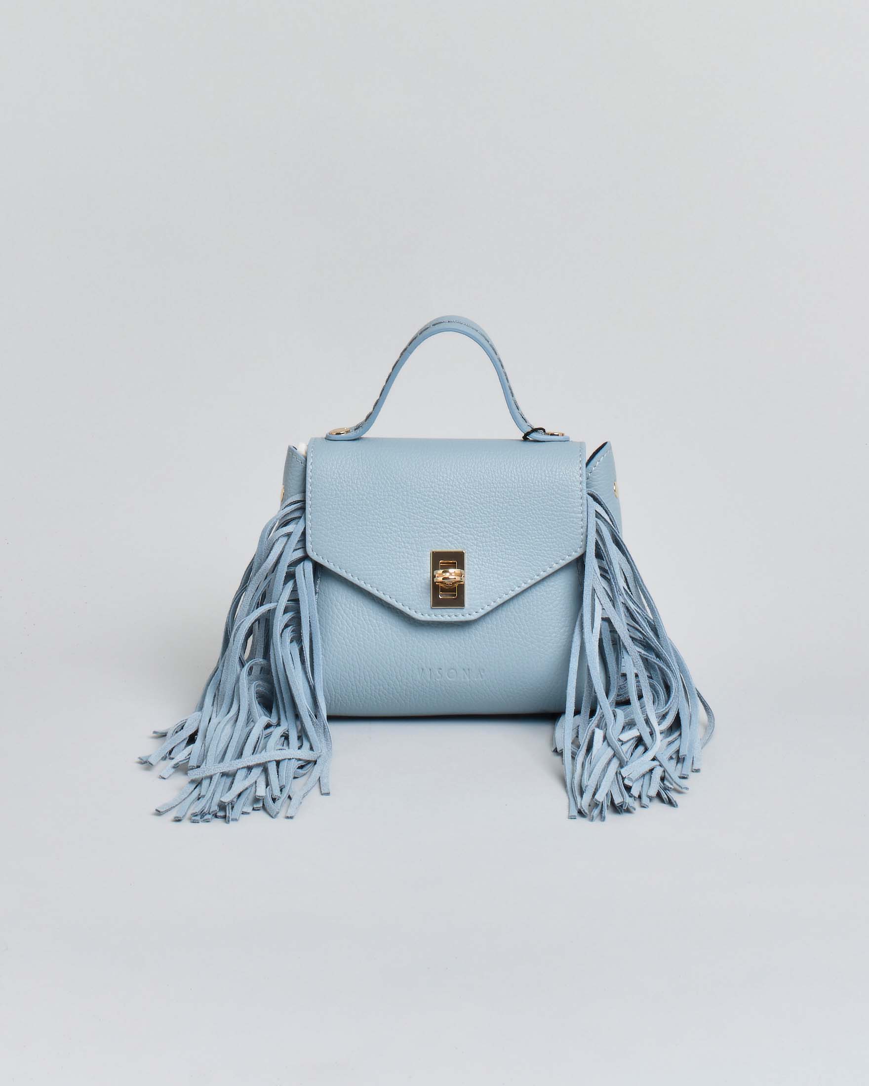 Mini Bag Visonà azzurra in pelle martellata con frange e tracolla removibile