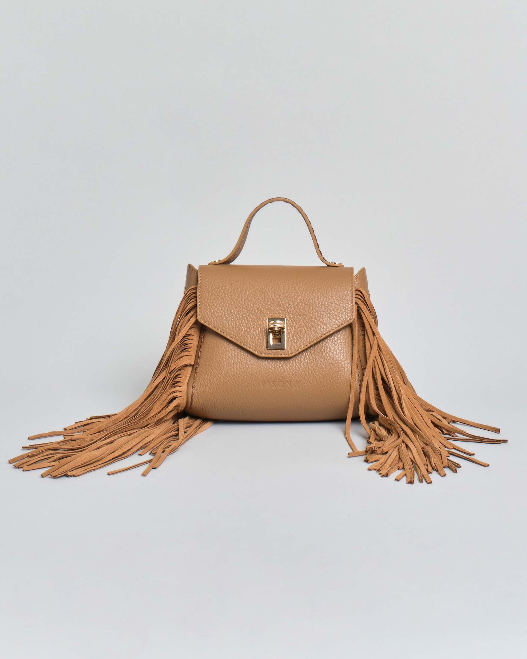 Mini Bag Visonà color cammello in pelle martellata con frange e tracolla removibile