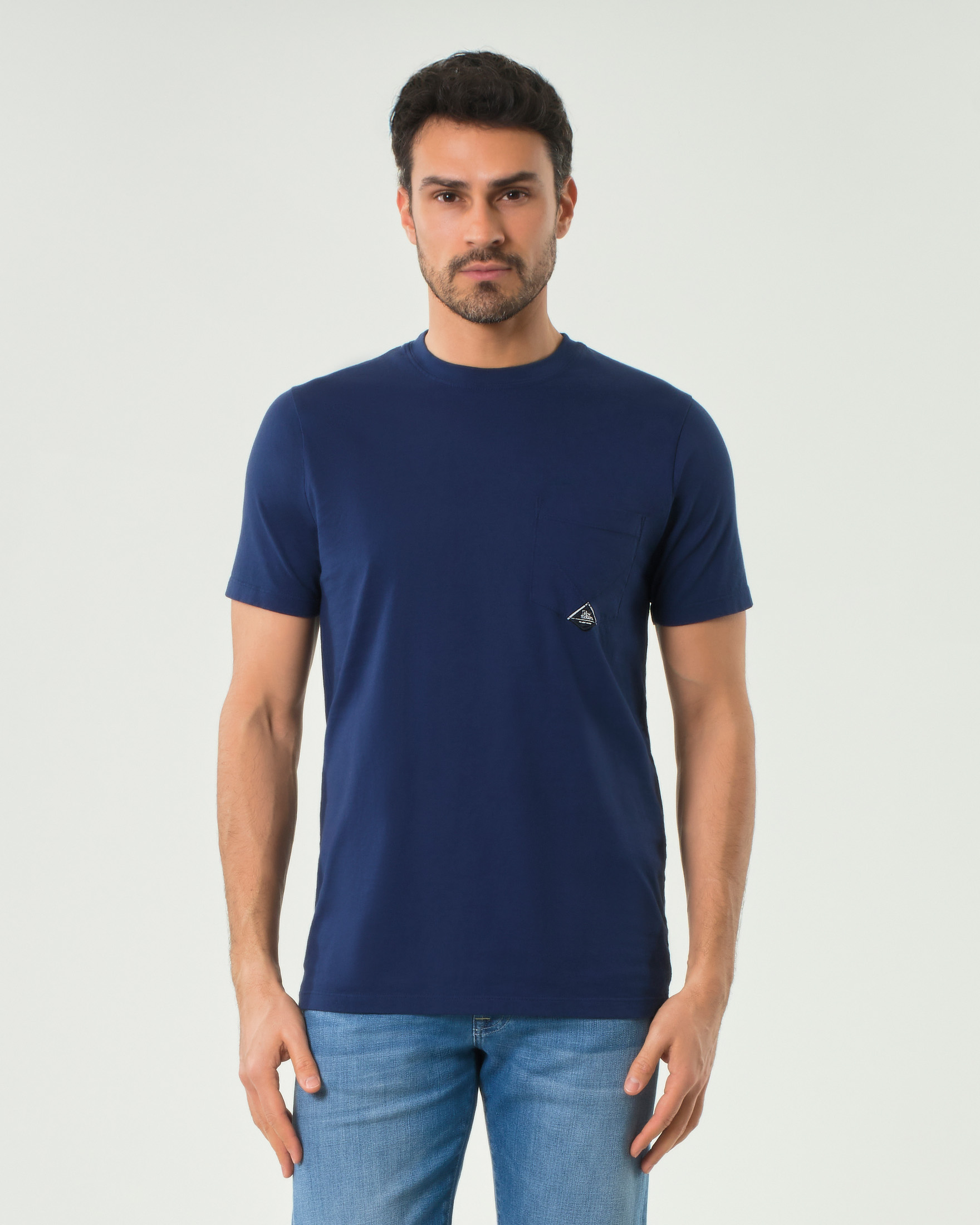 T-shirt mezza manica blu indaco in puro cotone con taschino applicato sul petto