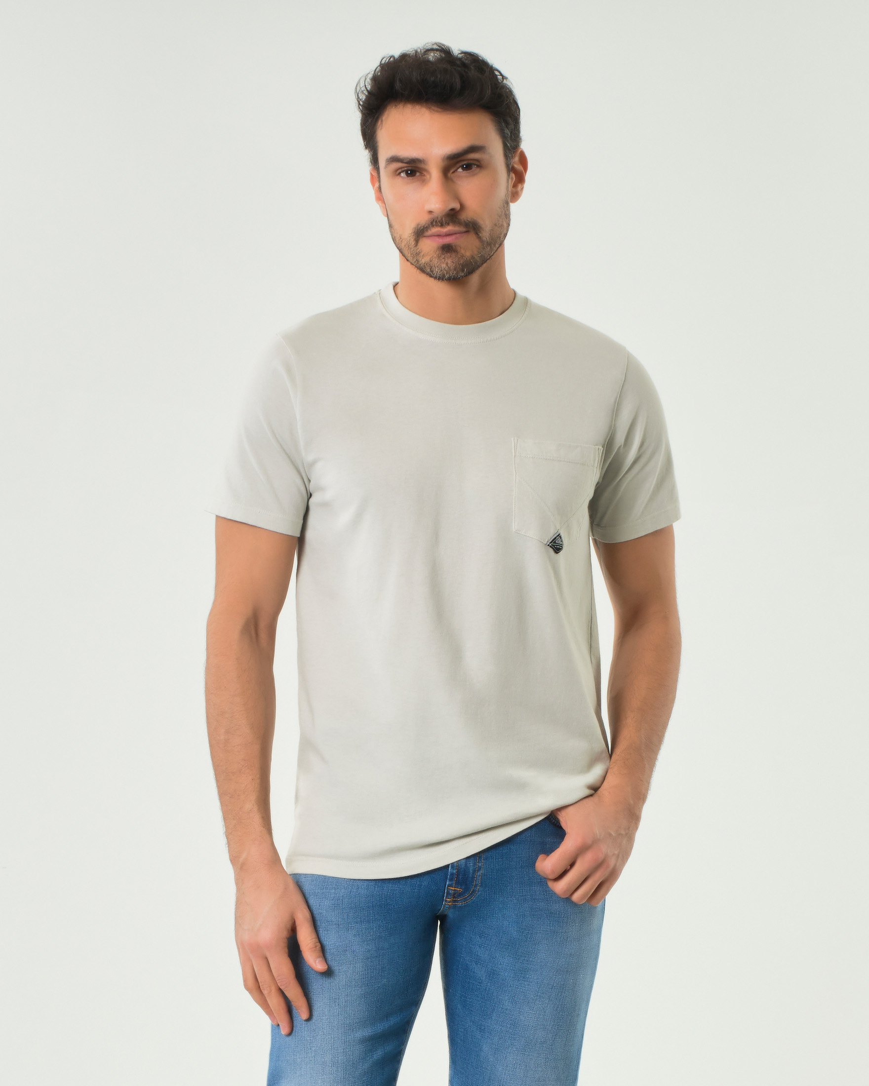 T-shirt mezza manica Roy Roger's color perla in puro cotone con taschino applicato sul petto
