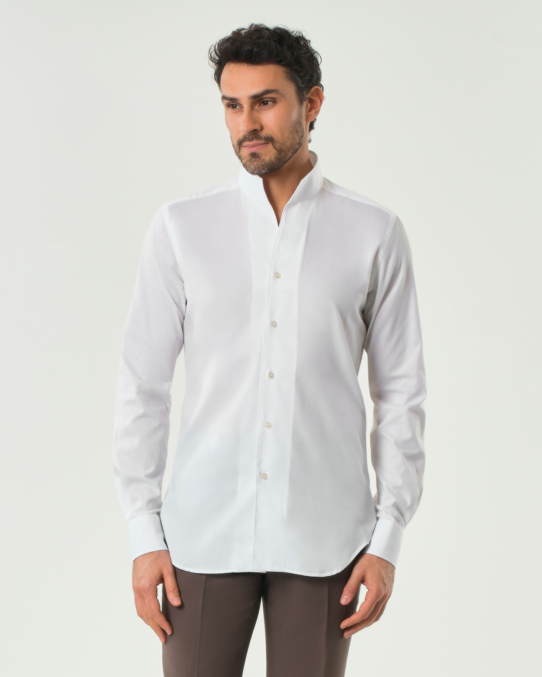 Camicia Xacus in puro cotone micro riga con collo aperto alla coreana