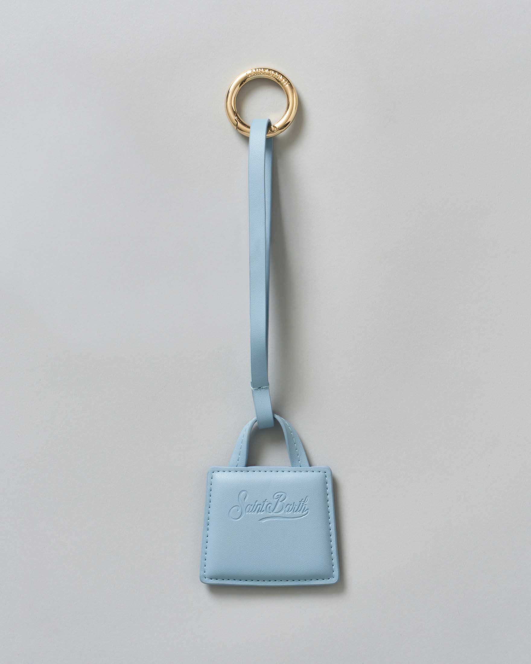 Portachiavi Bag Charm in pelle azzurra liscia con anello logato