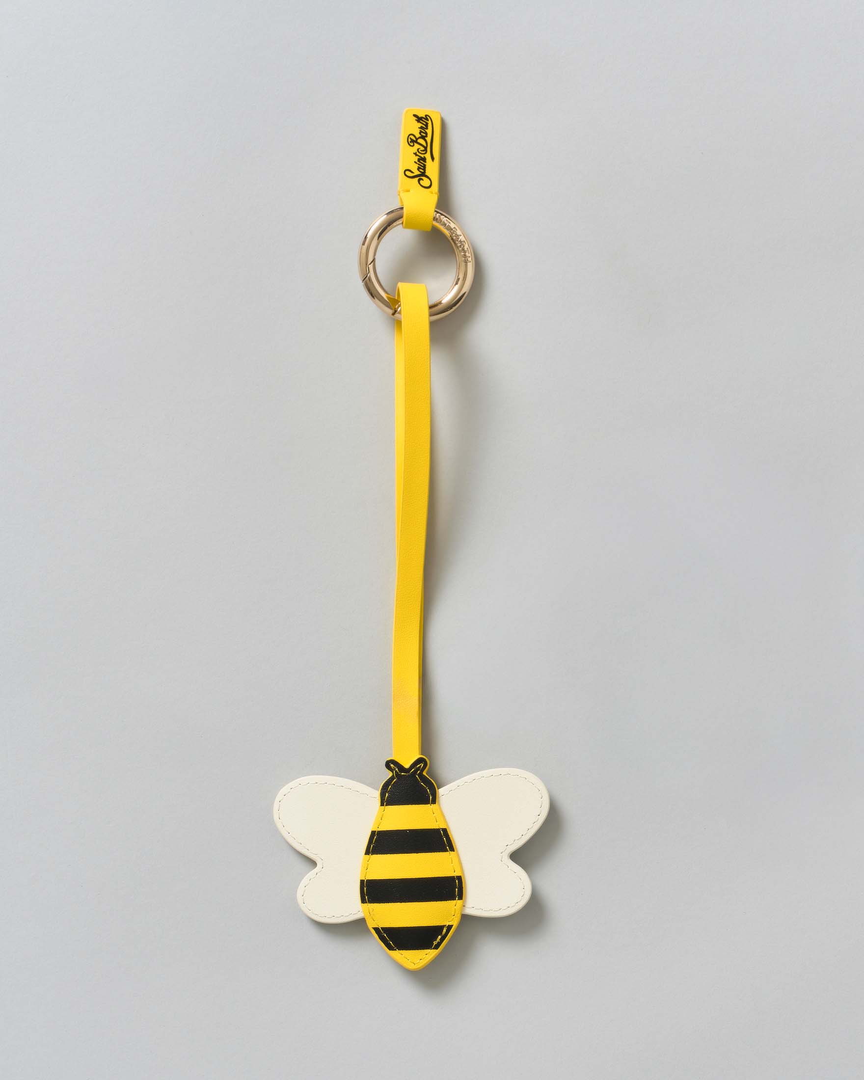 Portachiavi Bag Charm MC2 Saint Barth a forma di ape in pelle liscia con targa logo gialla