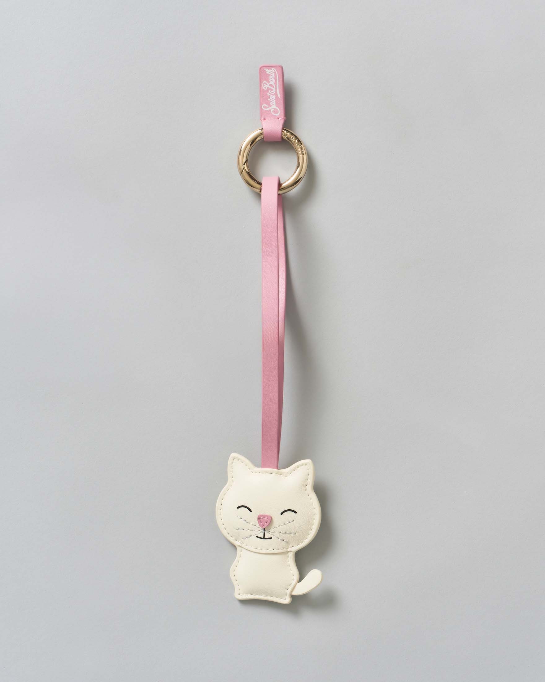 Portachiavi Bag Charm MC2 Saint Barth a forma di gatto in pelle bianca con targetta logo rosa