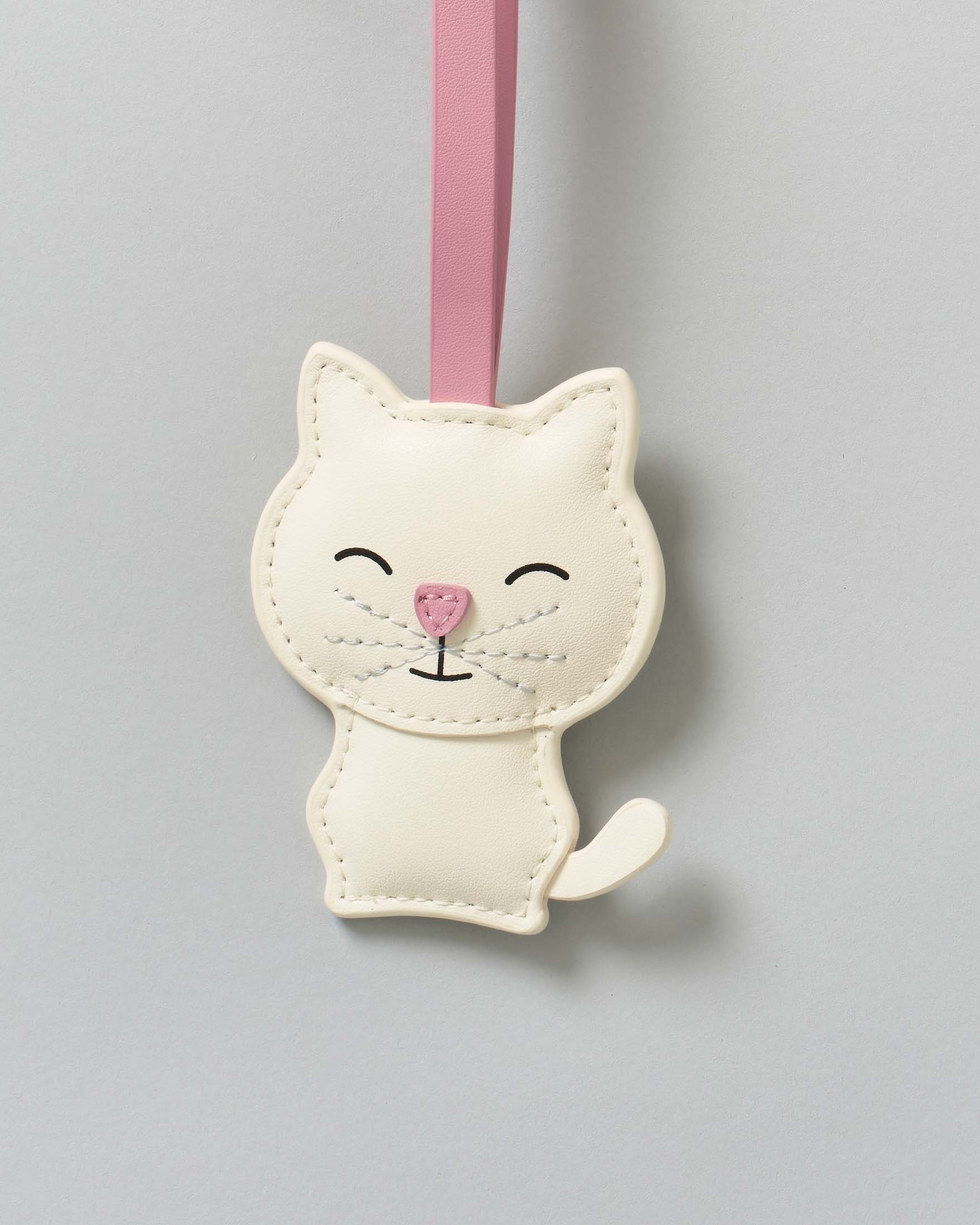 Portachiavi Bag Charm MC2 Saint Barth a forma di gatto in pelle bianca con targetta logo rosa image