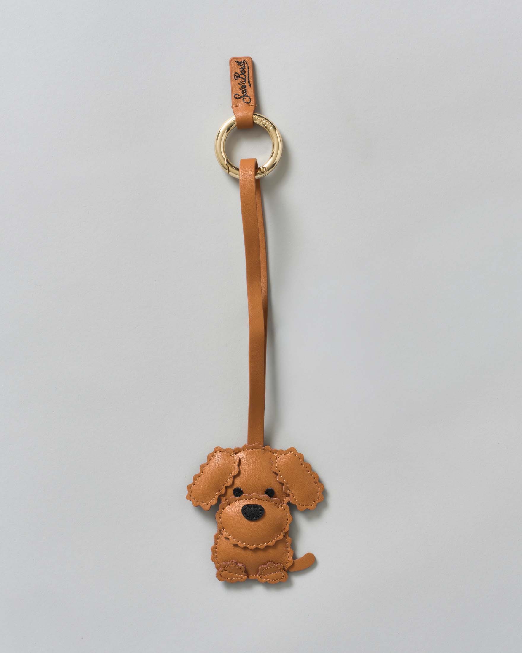 Portachiavi Bag Charm MC2 Saint Barth a forma di cagnolino in pelle cuoio con targa logo