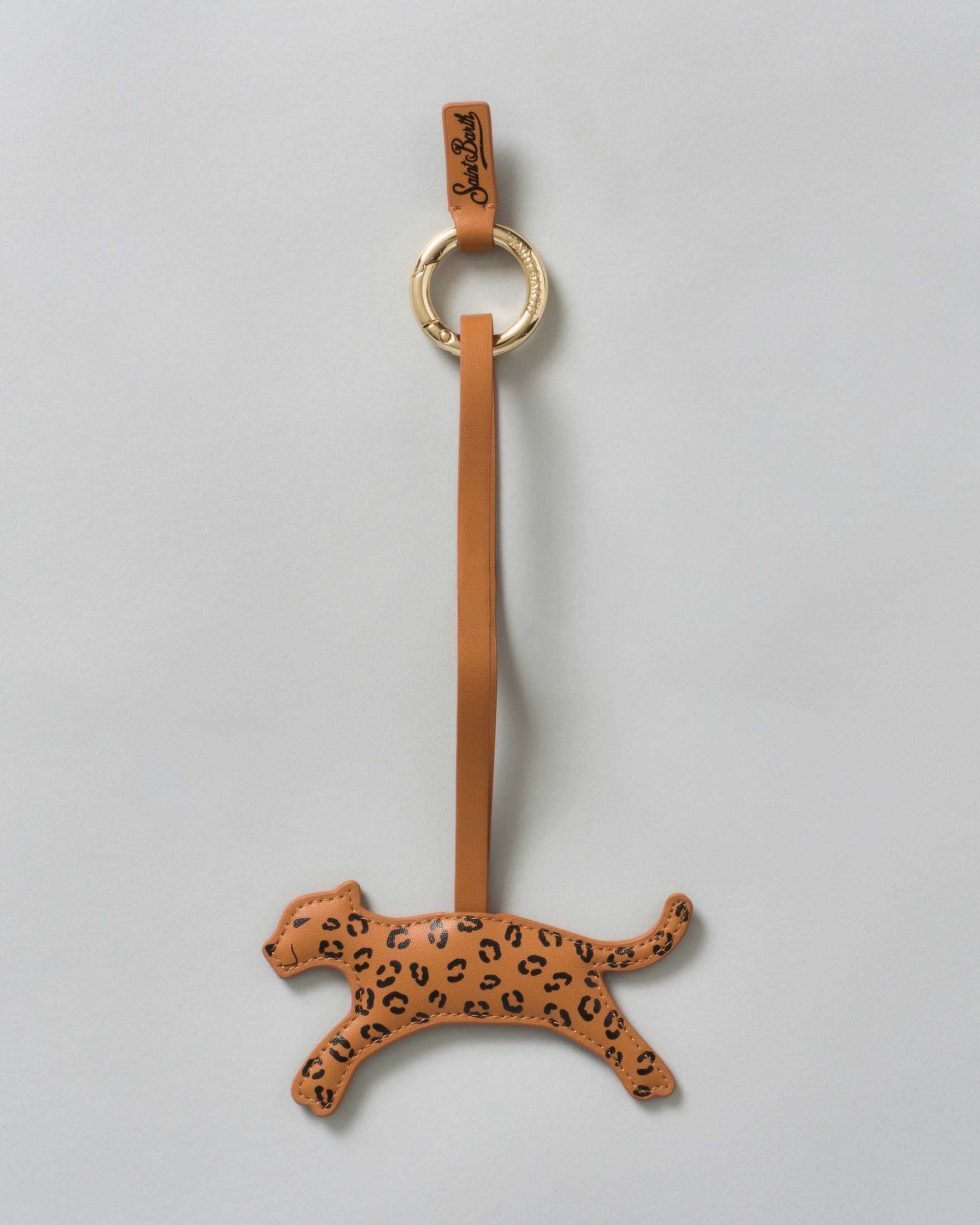 Portachiavi Bag Charm MC2 Saint Barth a forma di leopardo in pelle con targa logo color cuoio