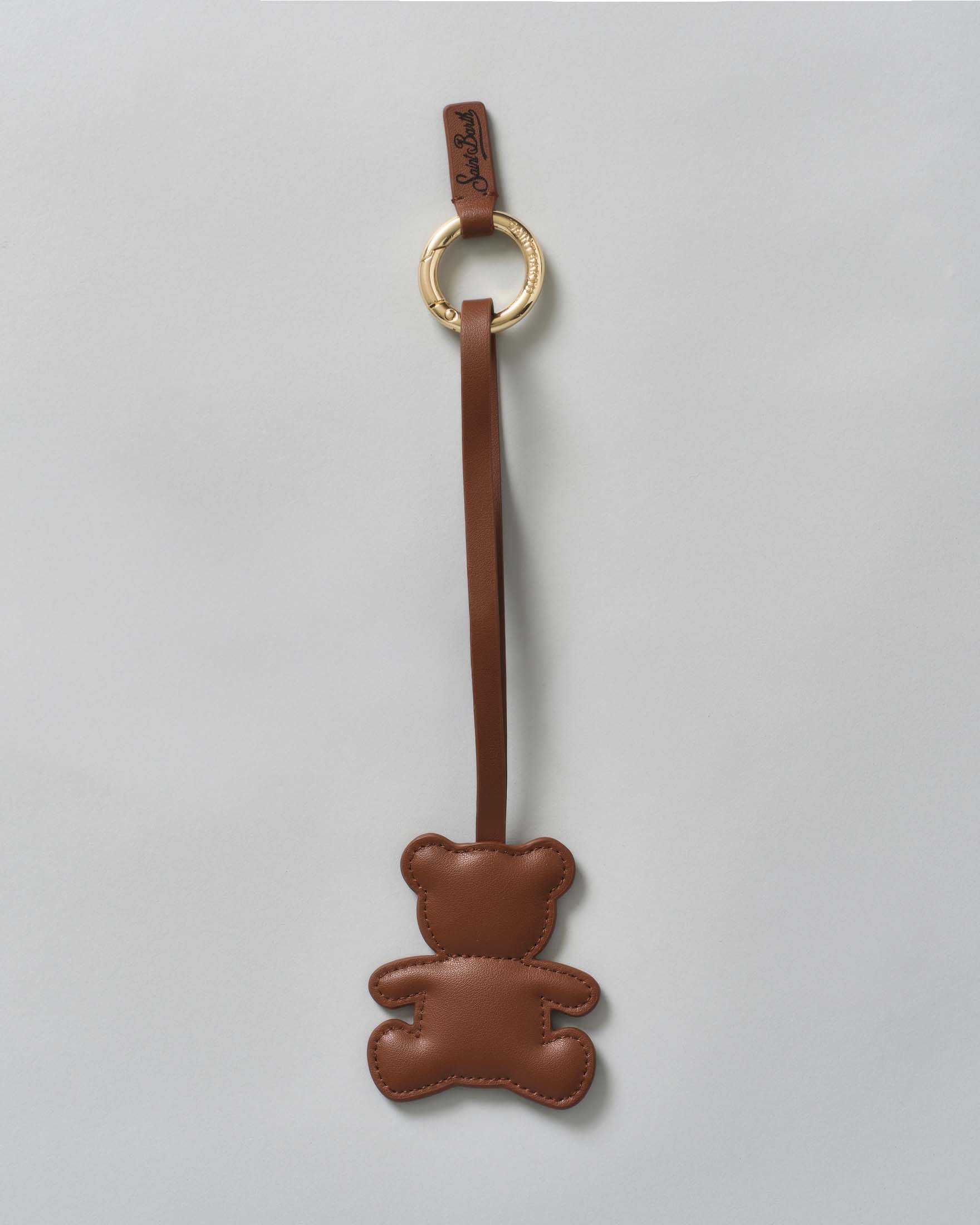 Portachiavi Bag Charm a forma di orsetto in pelle color moro con anello logato
