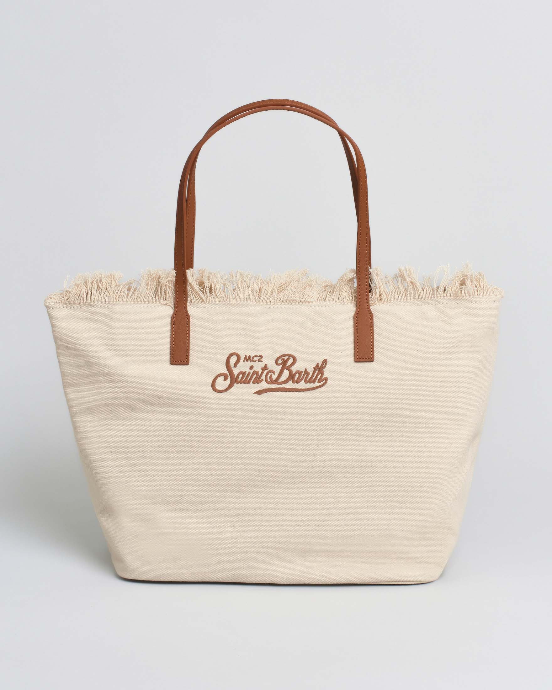 Borsa City Regular in cotone écru con chiusura a zip e frange