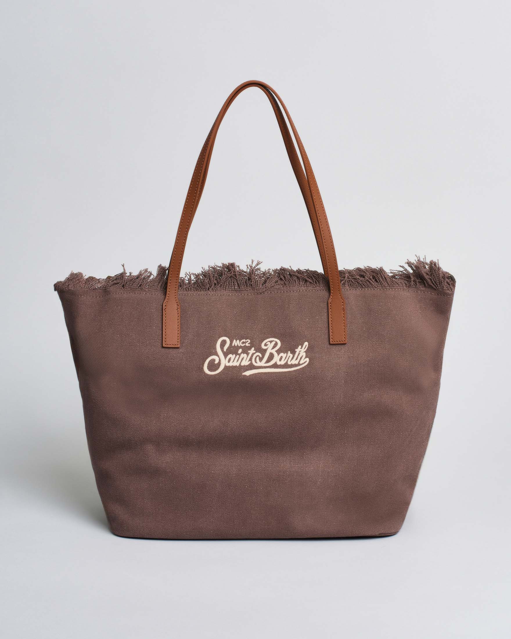 Borsa City Regular in cotone marrone con chiusura a zip e frange