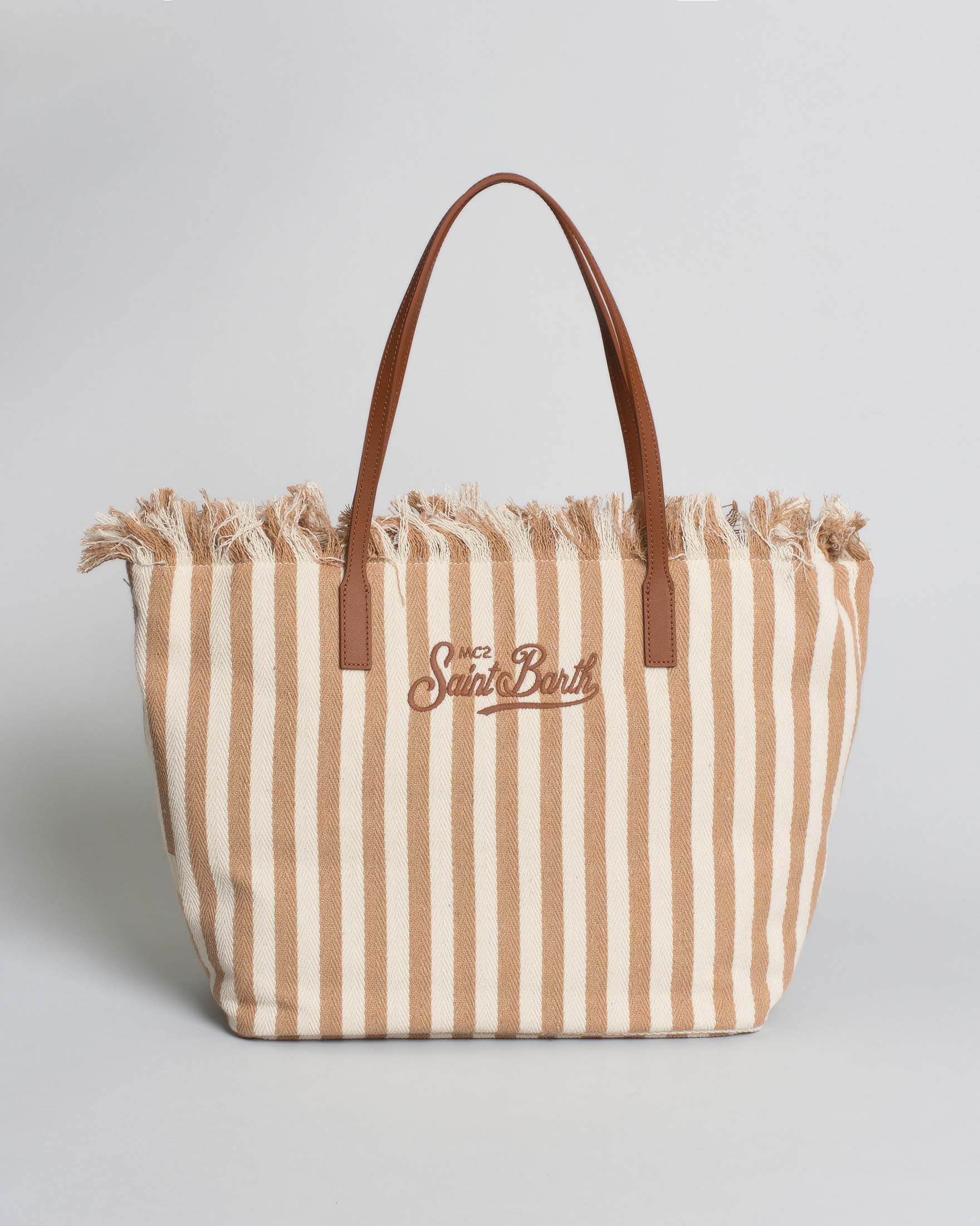 Borsa City Regular in canvas a righe nocciola con chiusura a zip e frange