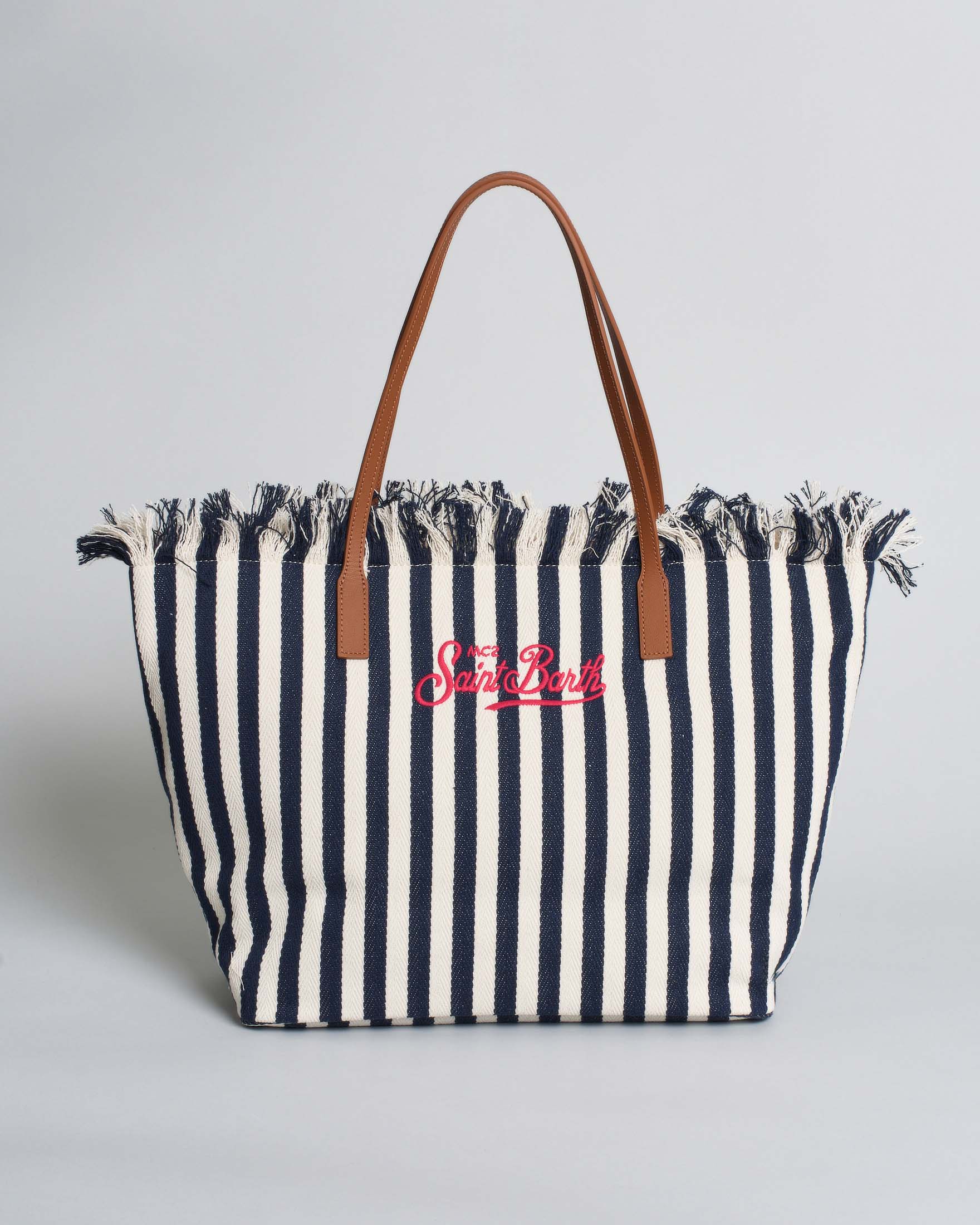 MC2 Saint Barth — Borsa City MC2 Saint Barth Regular in canvas a righe blu con chiusura a zip e frange