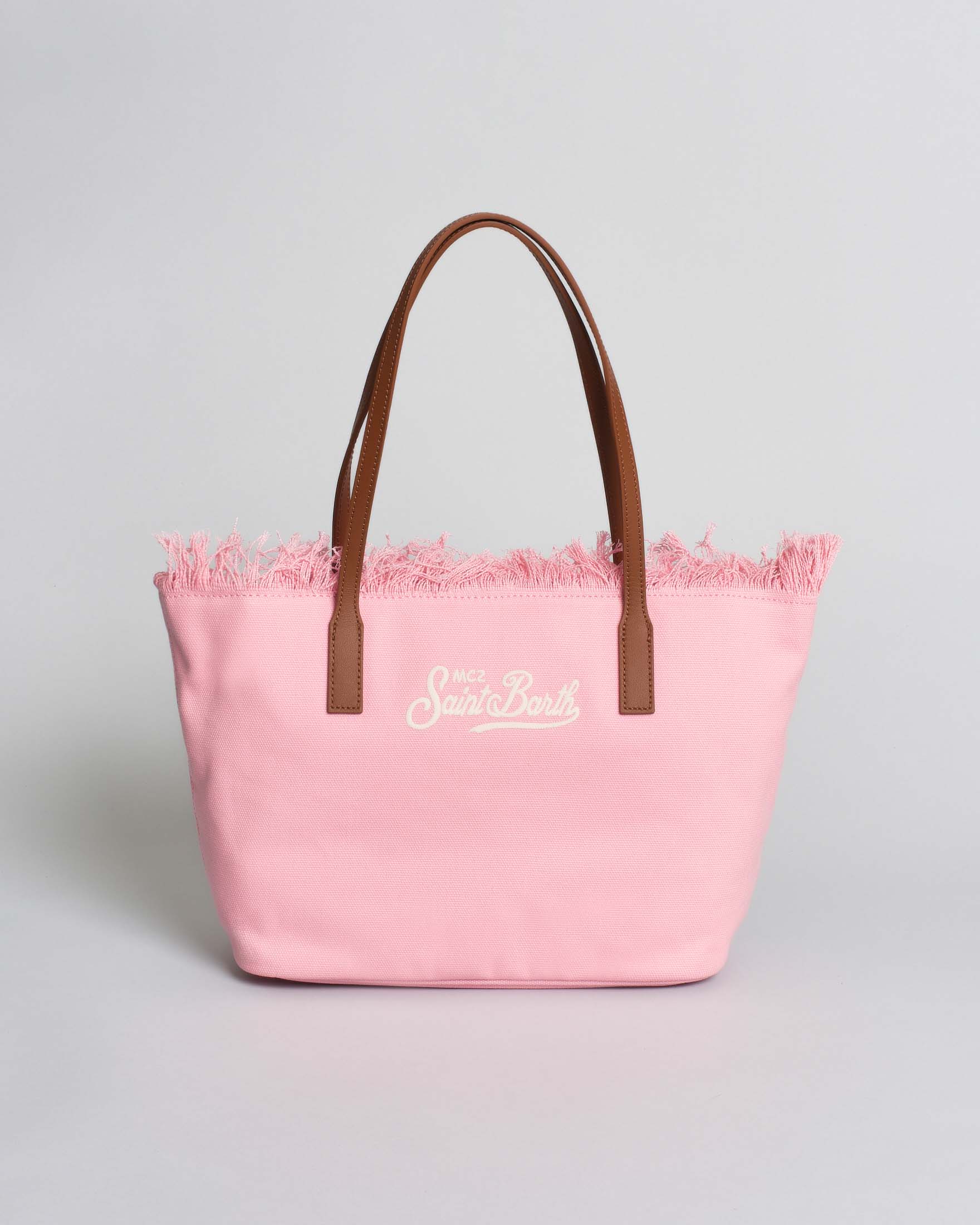 Borsa City Medium in cotone rosa con chiusura a zip e frange