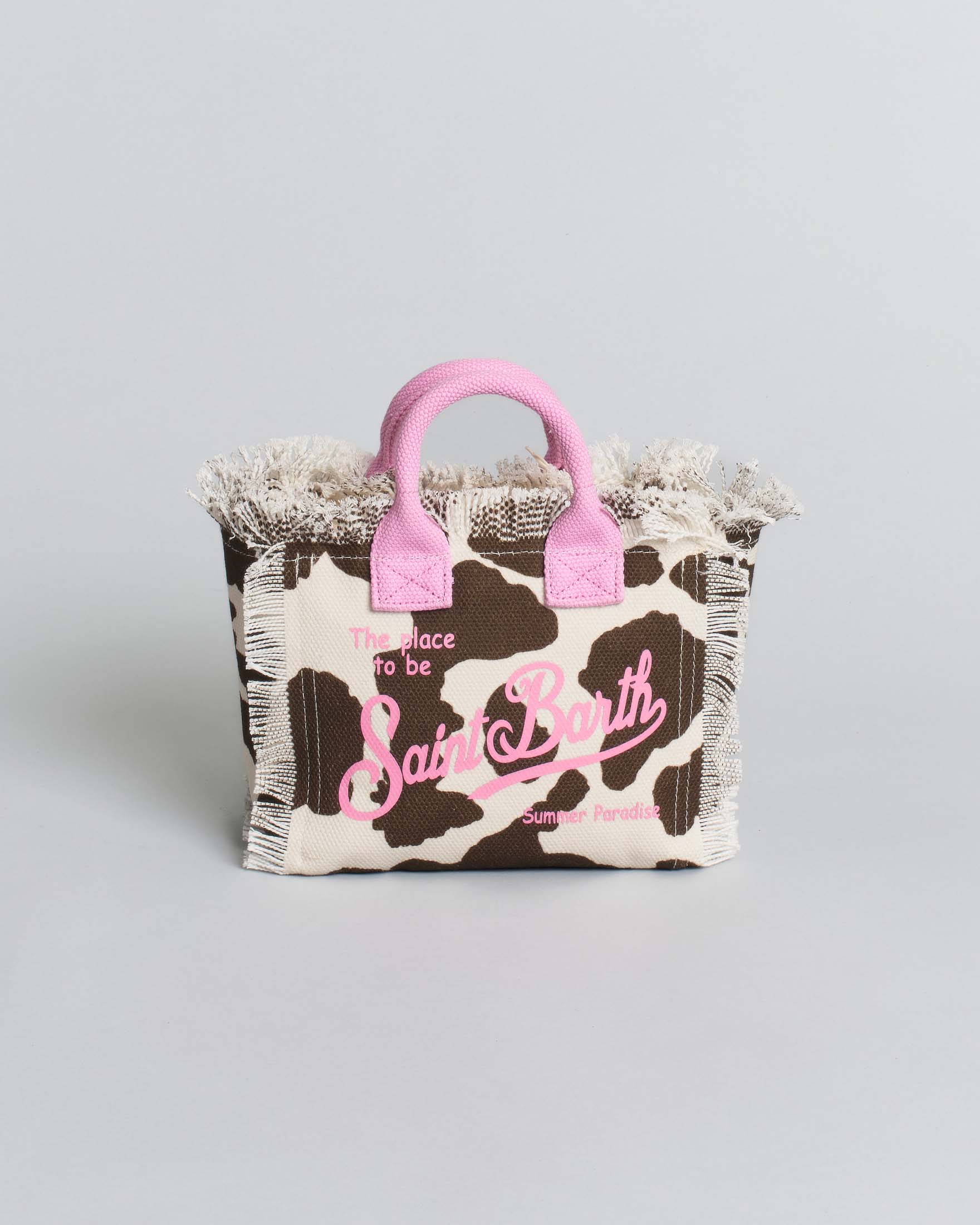 Mini Vanity in cotone maculata bianca e marrone con frange e scritta logo rosa