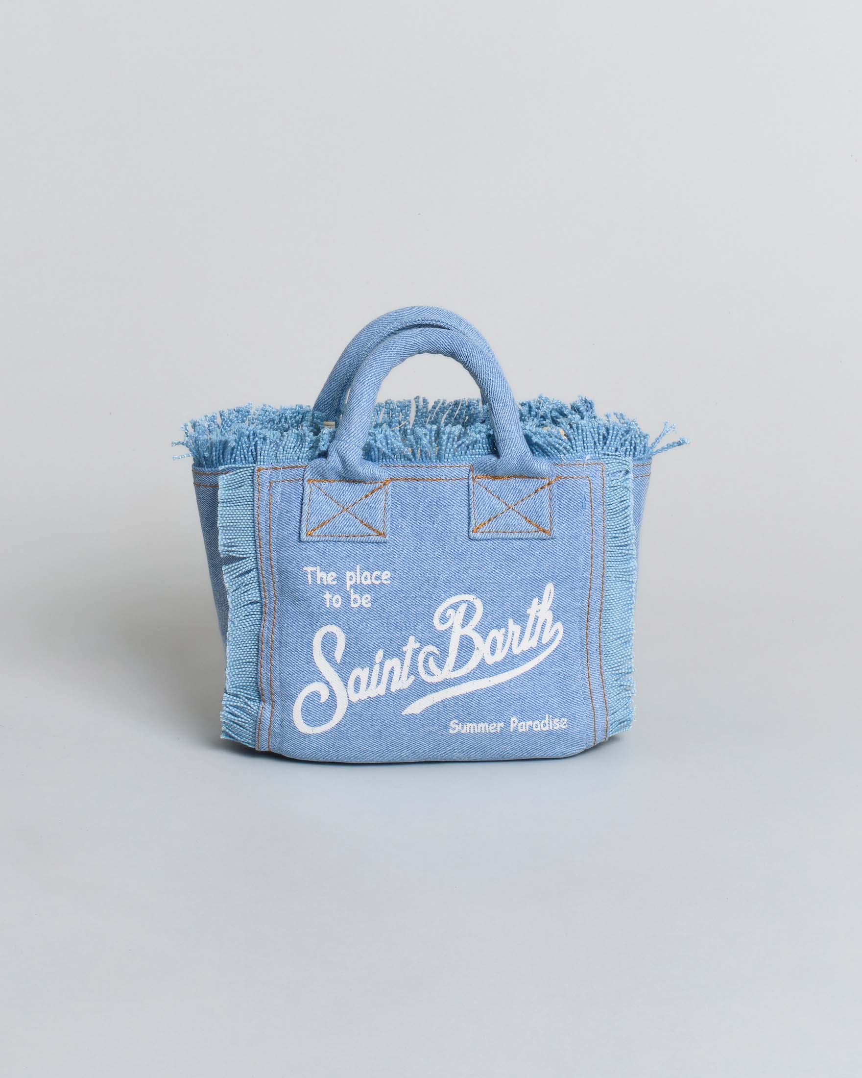 Mini Vanity in denim di cotone con frange e scritta logo bianca