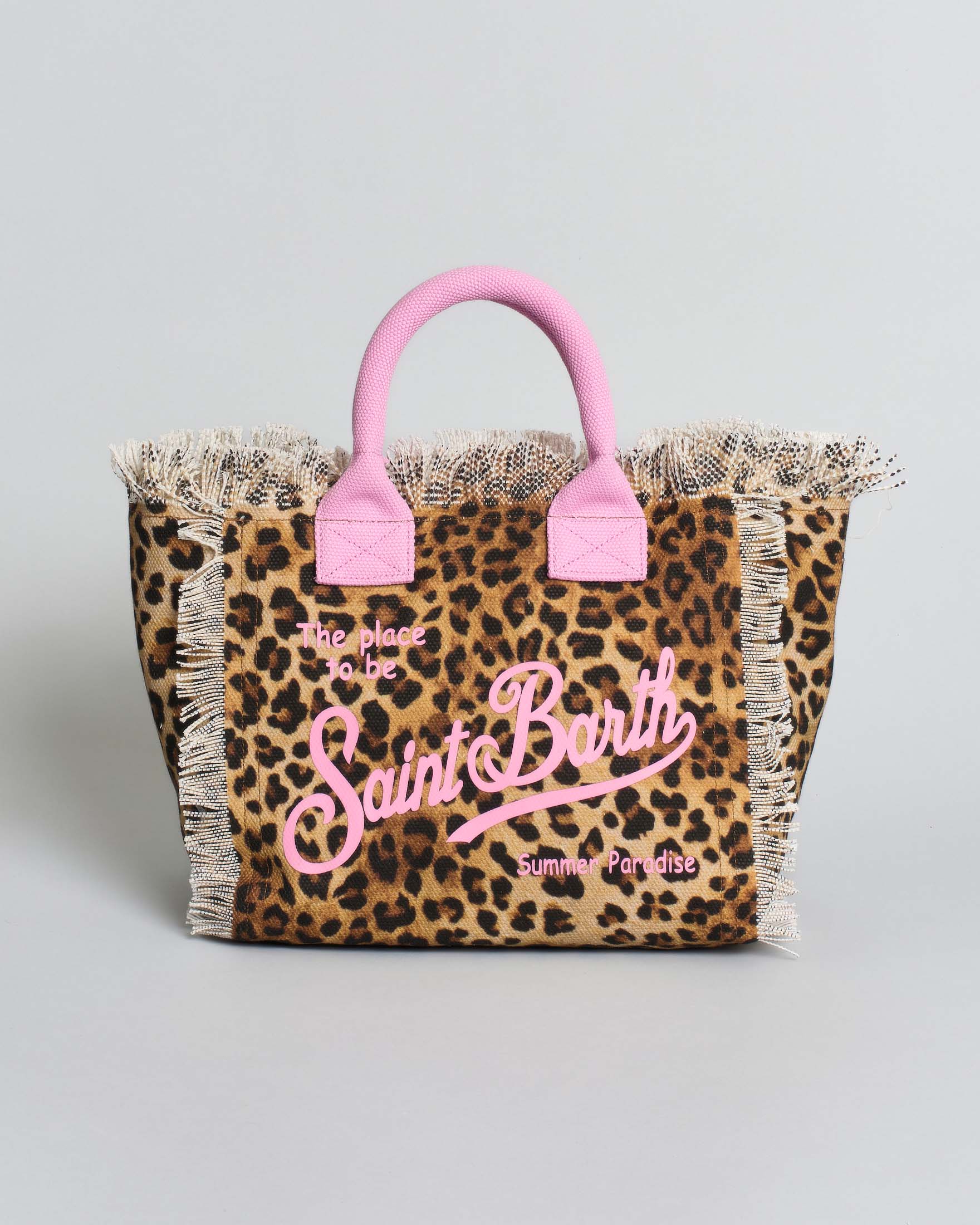 Colette MC2 Saint Barth in cotone leopardata marrone con frange e scritta logo rosa