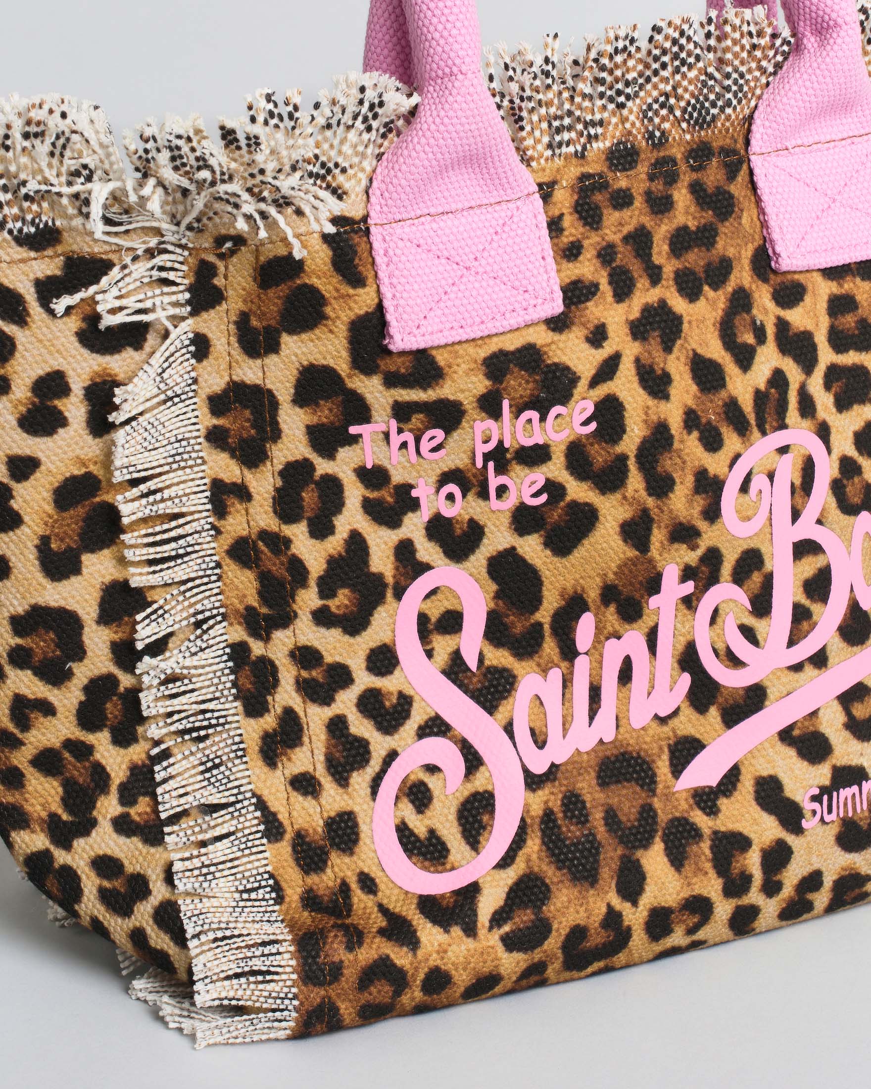 Colette MC2 Saint Barth in cotone leopardata marrone con frange e scritta logo rosa image