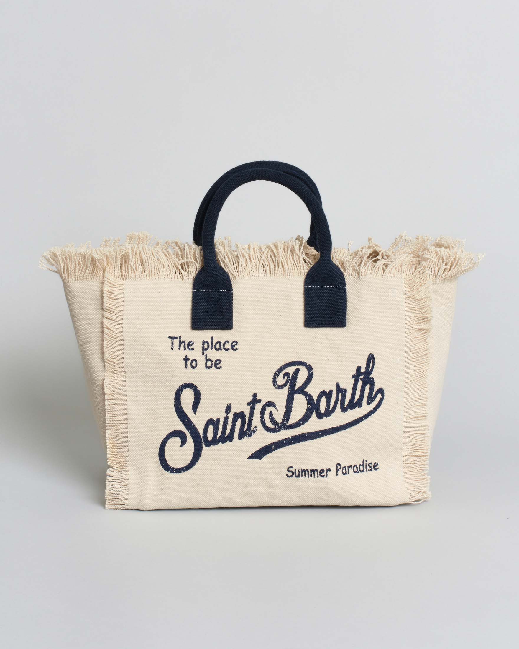 Colette MC2 Saint Barth in cotone color avorio con frange e scritta logo blu