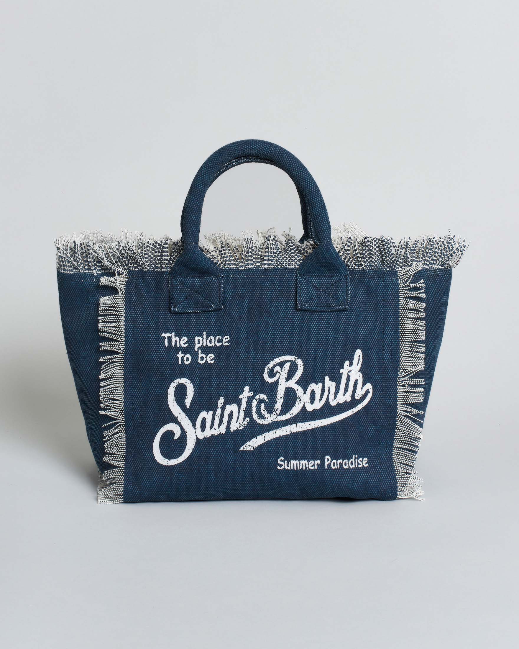 Colette MC2 Saint Barth in denim di cotone blu con frange e scritta logo bianca