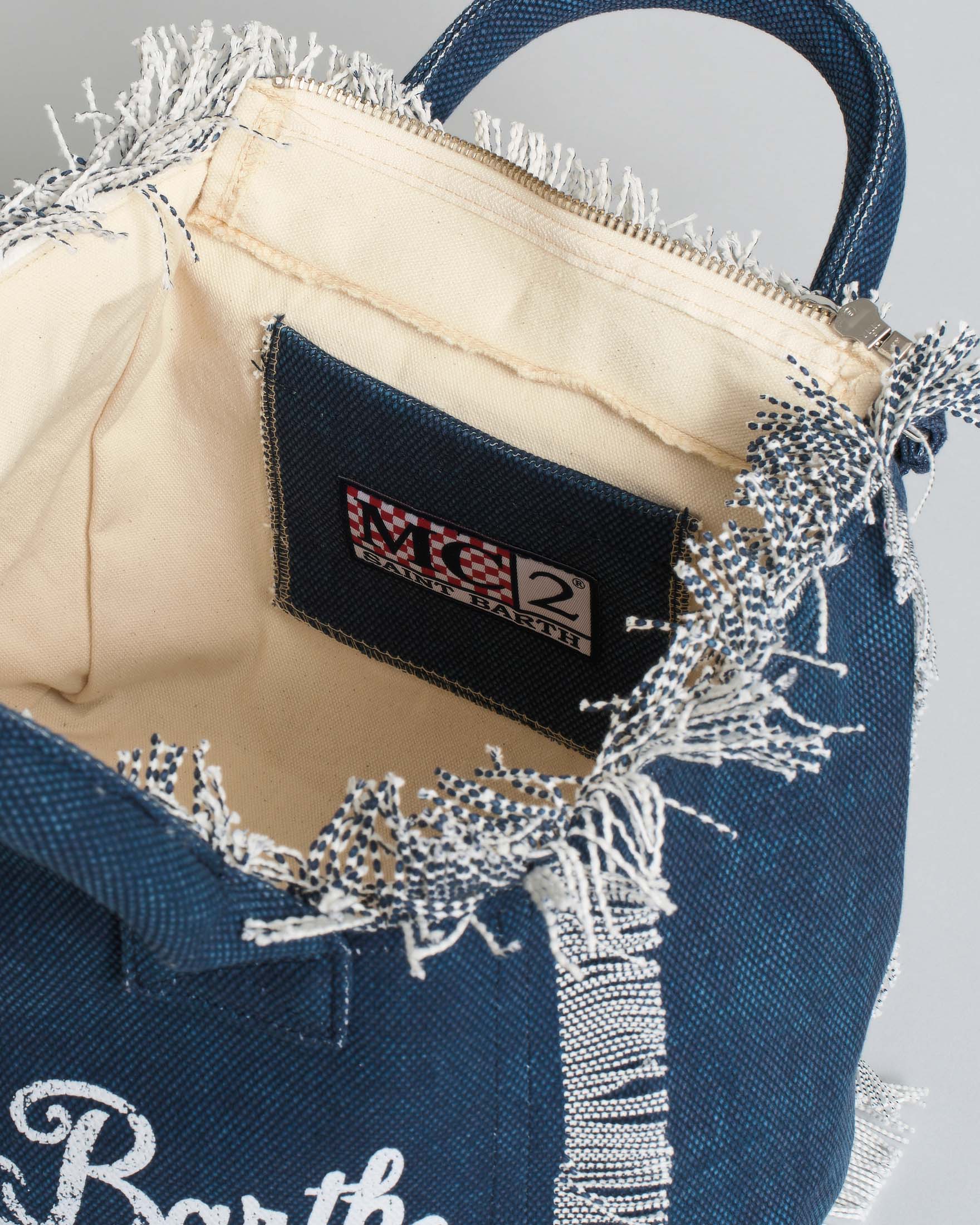 Colette MC2 Saint Barth in denim di cotone blu con frange e scritta logo bianca image