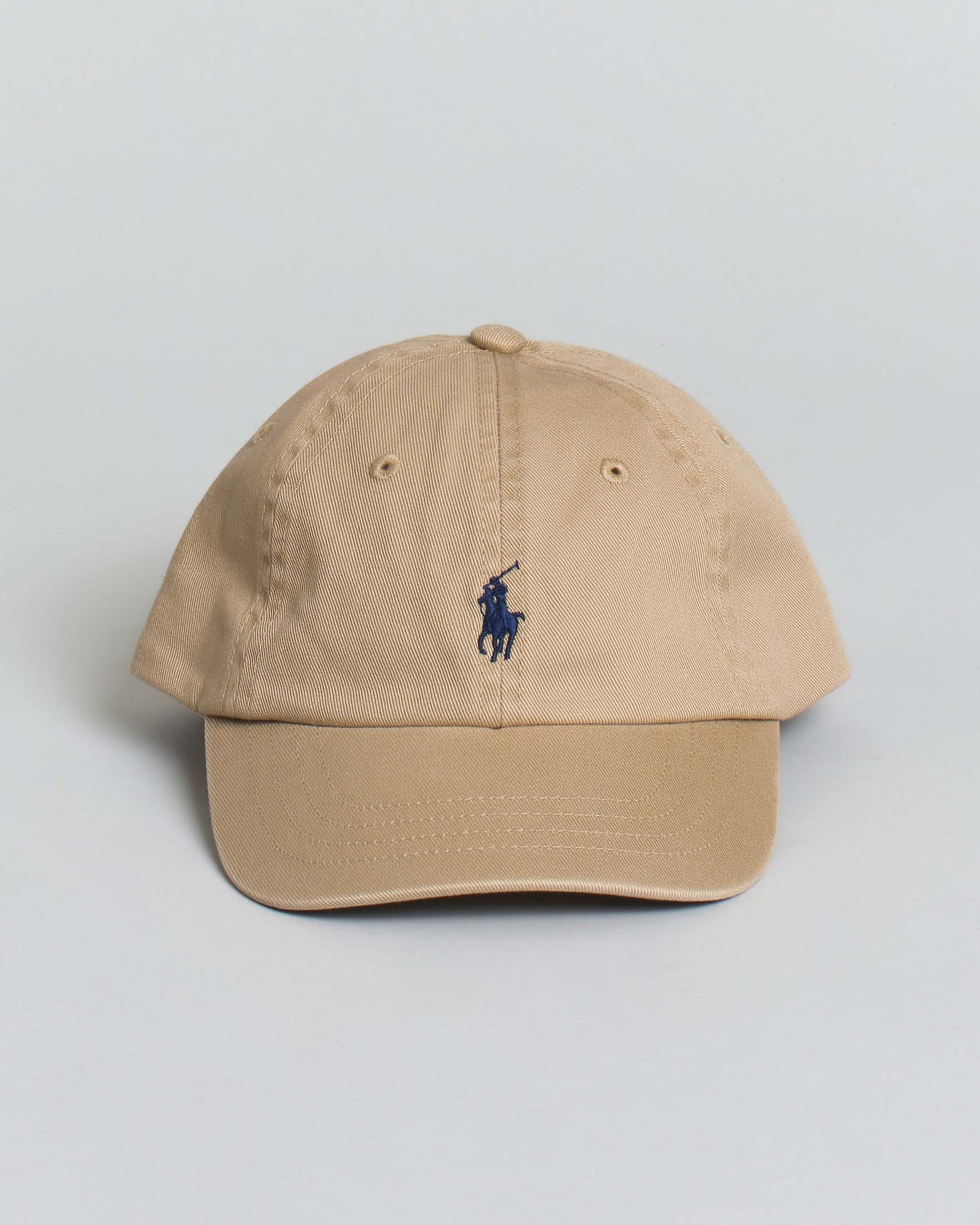 Berretto Ralph Lauren beige in cotone con frontino e logo icon blu