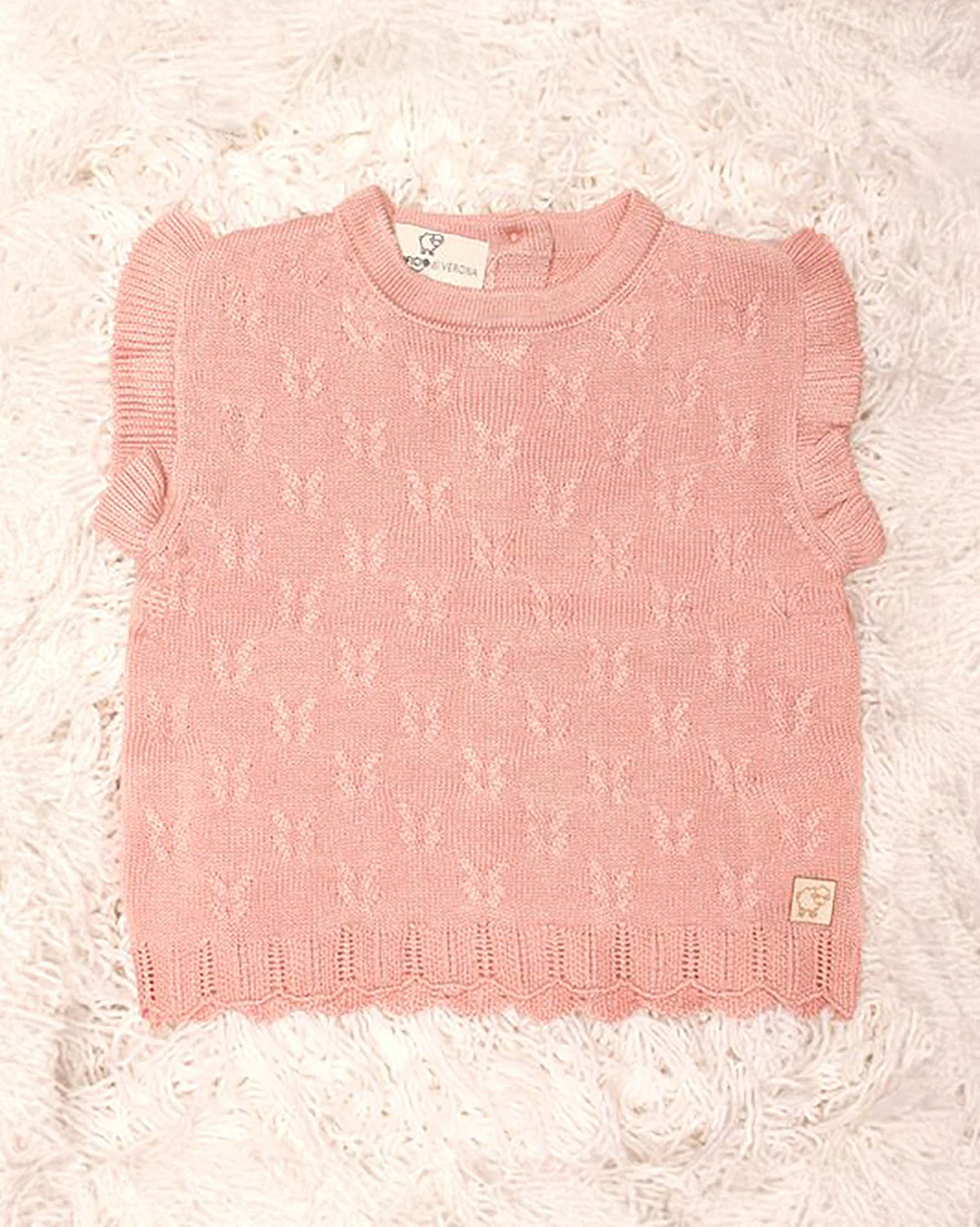 T-shirt Maglificio di Verona rosa cipria in cotone con rouches e lavorazione tricot