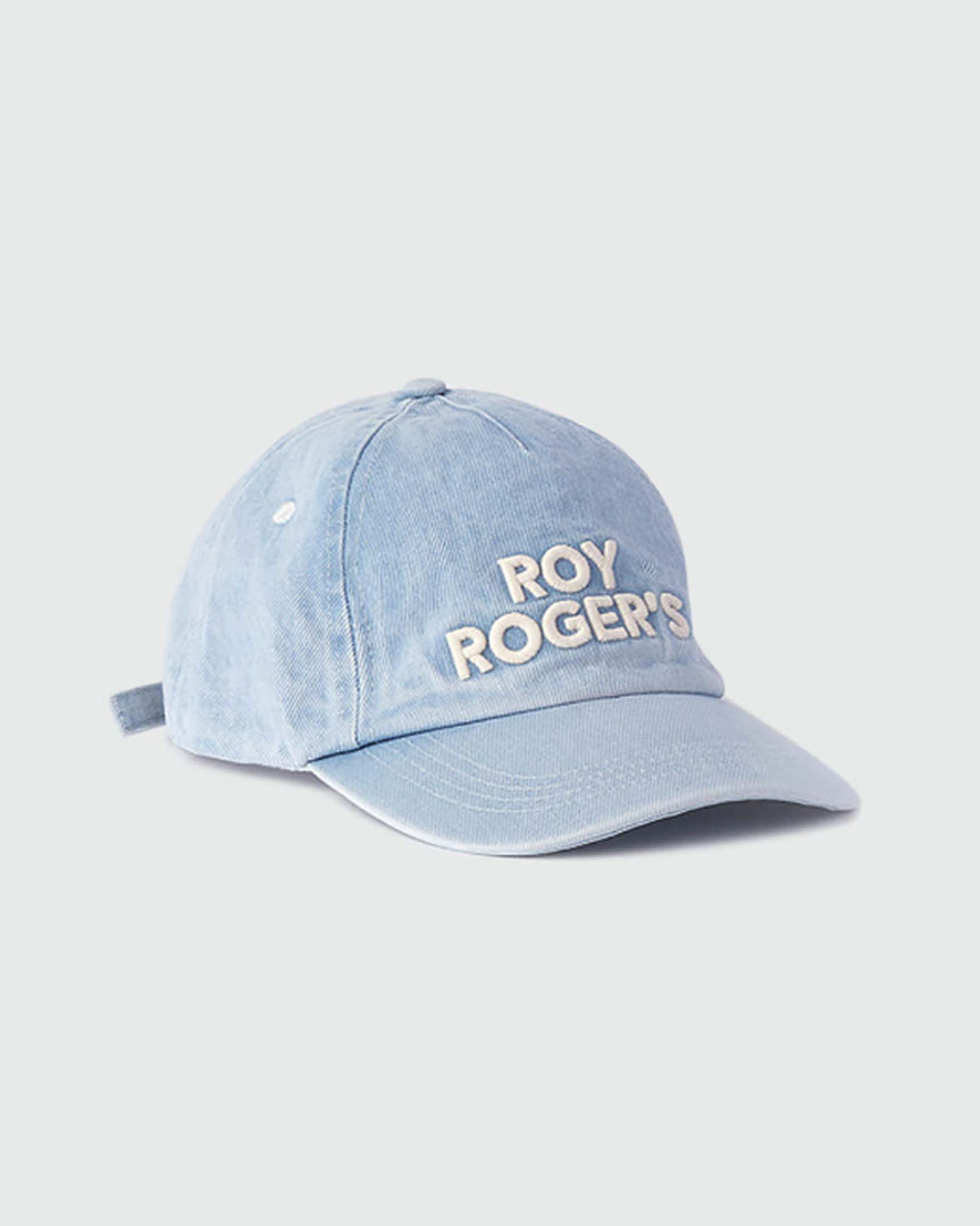 Berretto con frontino Roy Roger's in denim lavaggio chiaro con scritta logo bianca