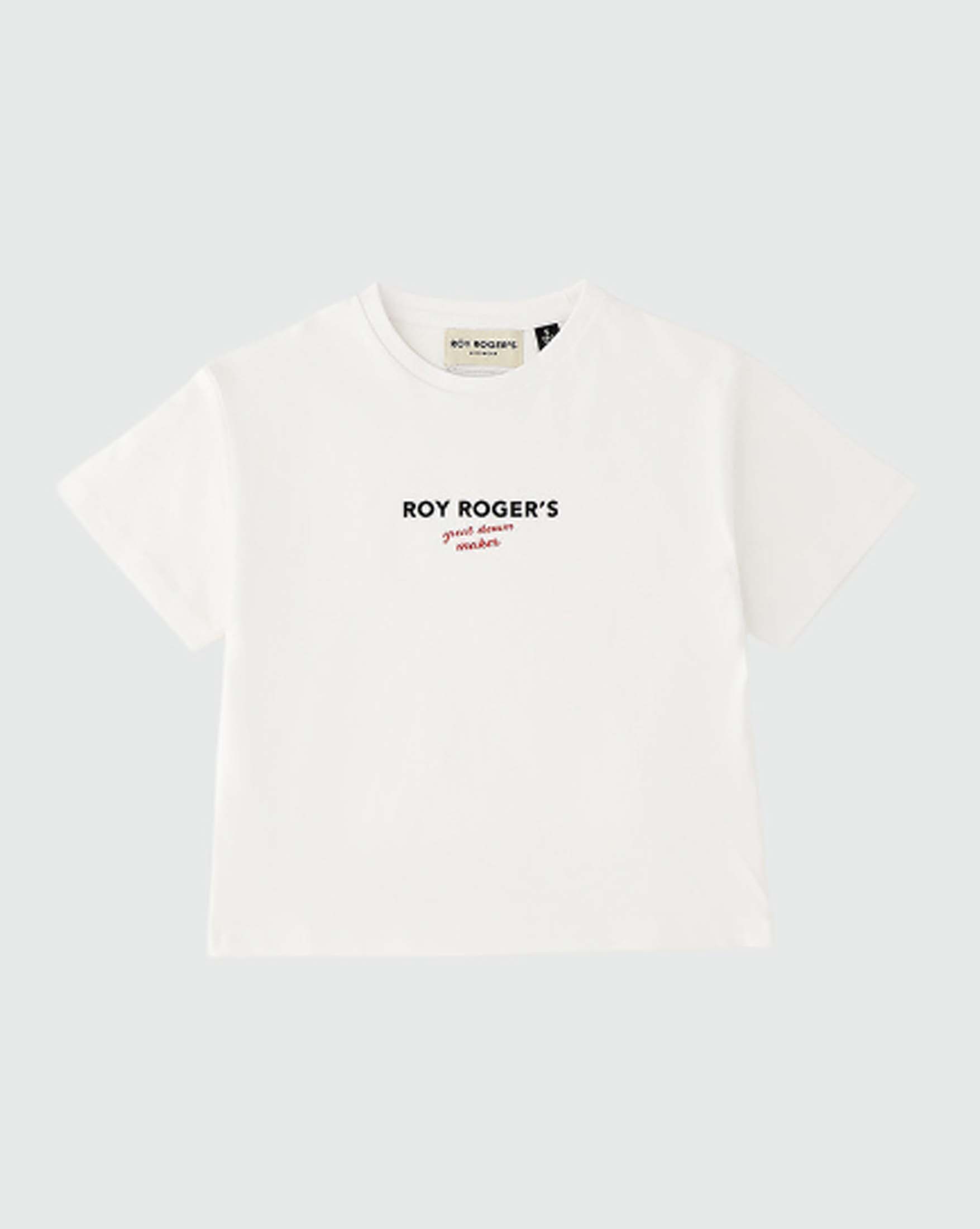 T-shirt Roy Roger's bianca in puro cotone con scritta logo nera e rossa