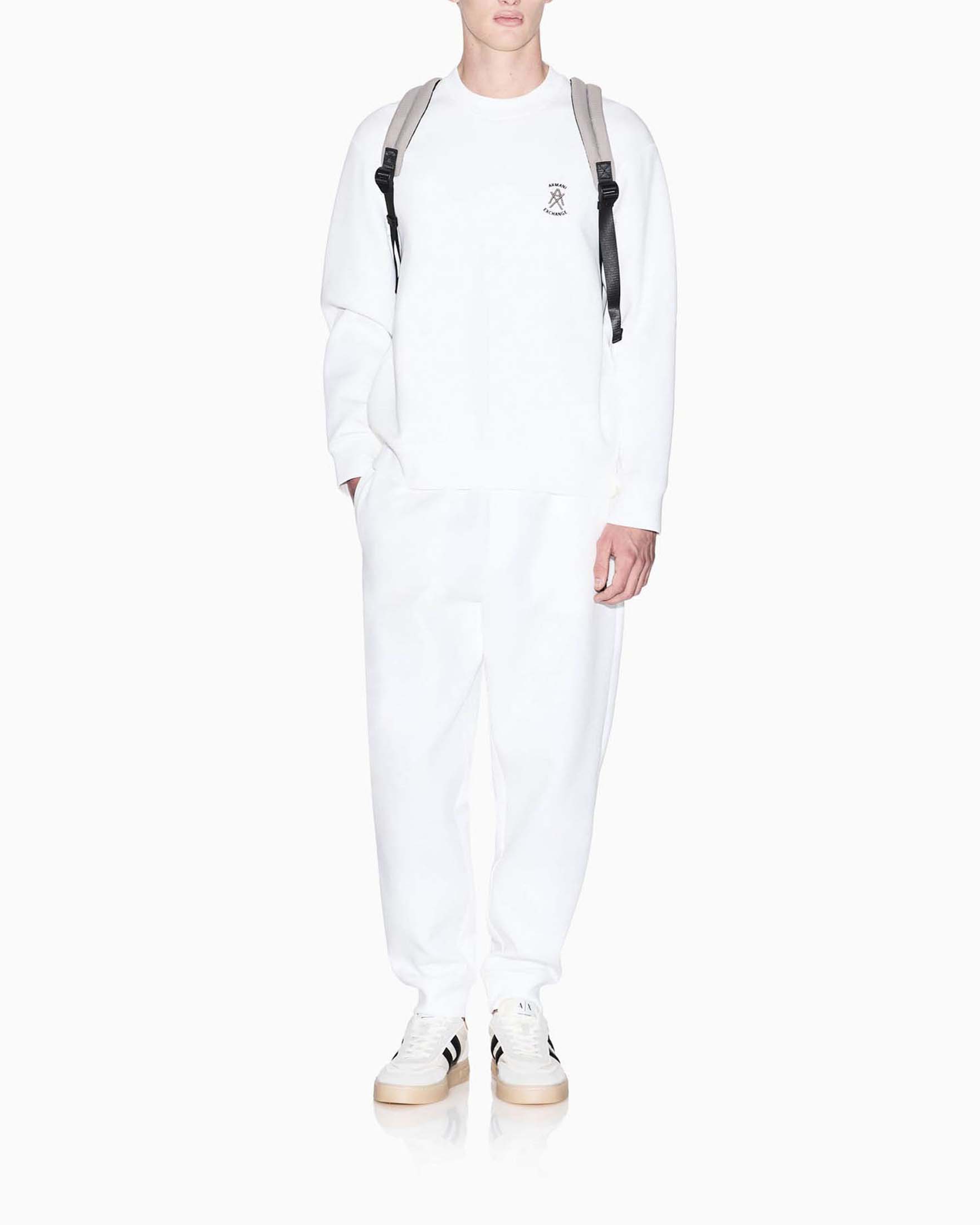 Felpa girocollo Armani Exchange bianca in cotone stretch con logo ricamato