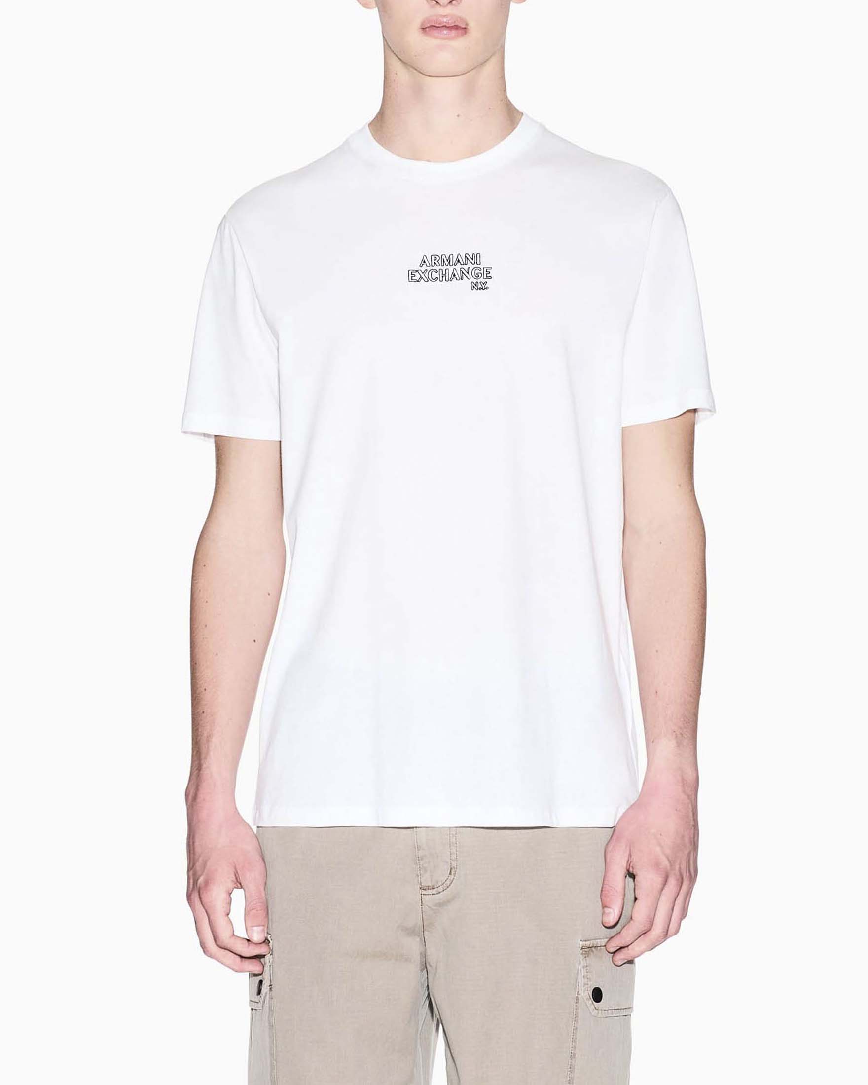 T-shirt Exchange bianca in cotone con ricamo logo sul petto