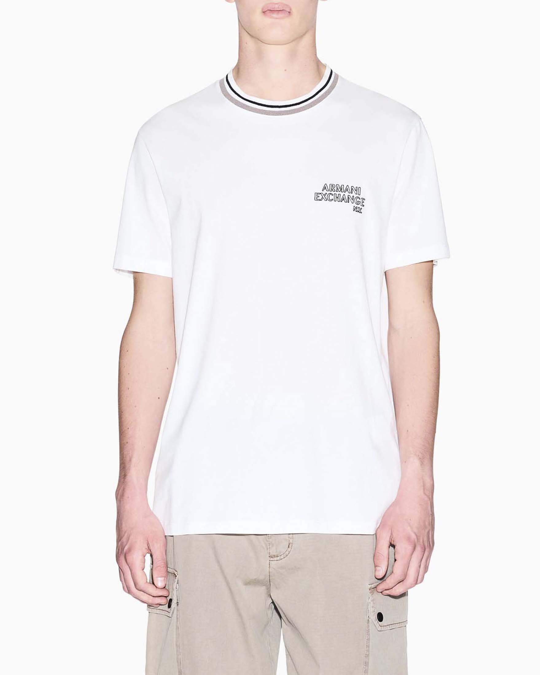 T-shirt Exchange bianca in cotone con logo ricamato e bordo a righe