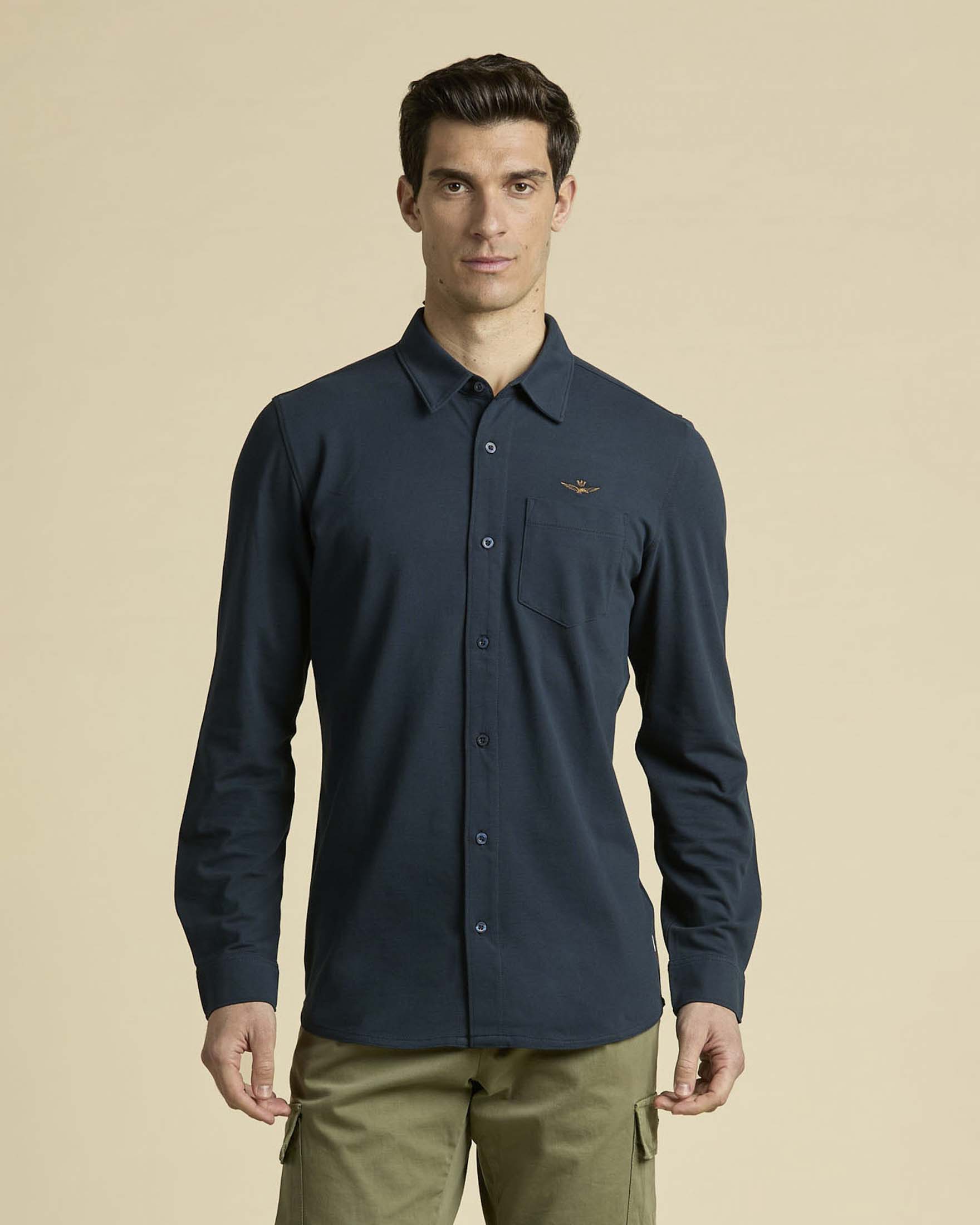 Polo camicia Aeronautica Militare blu in piquè di cotone stretch