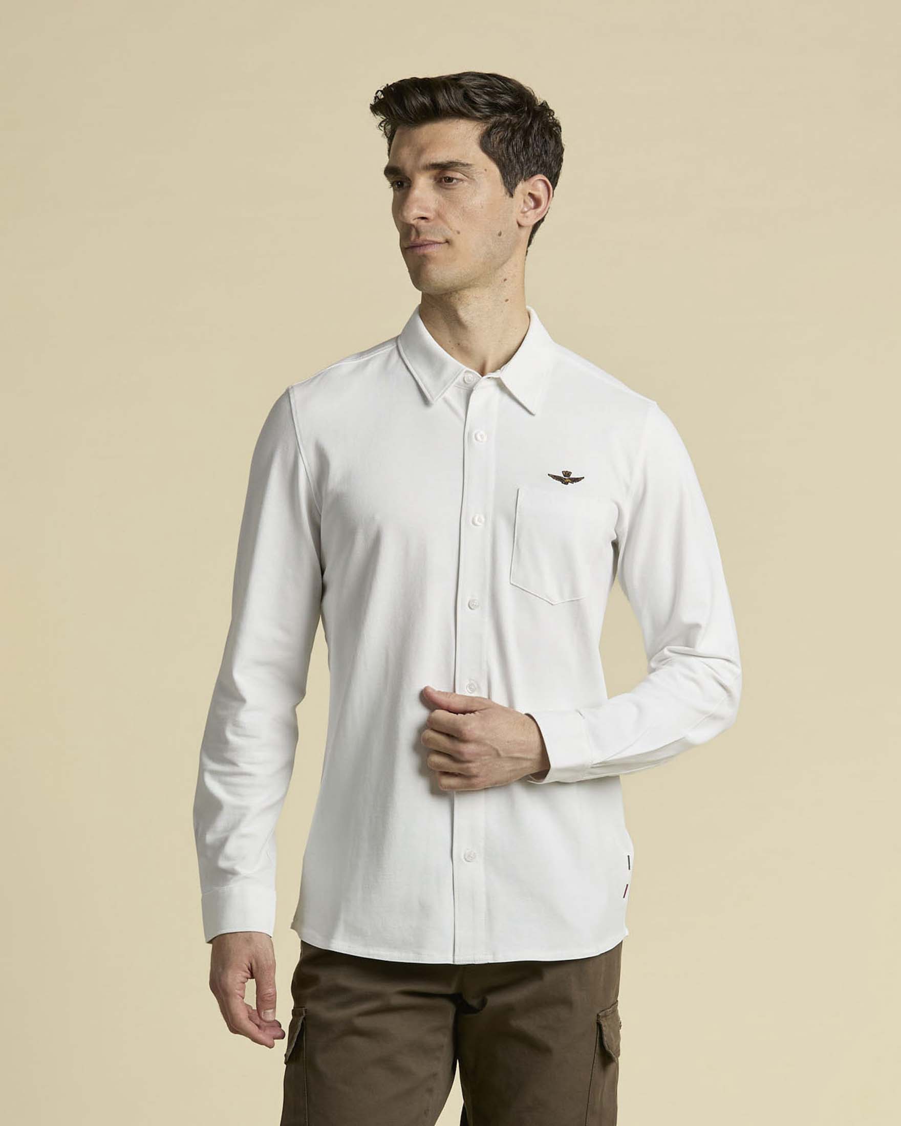 Polo camicia Aeronautica Militare bianca in piquè di cotone stretch