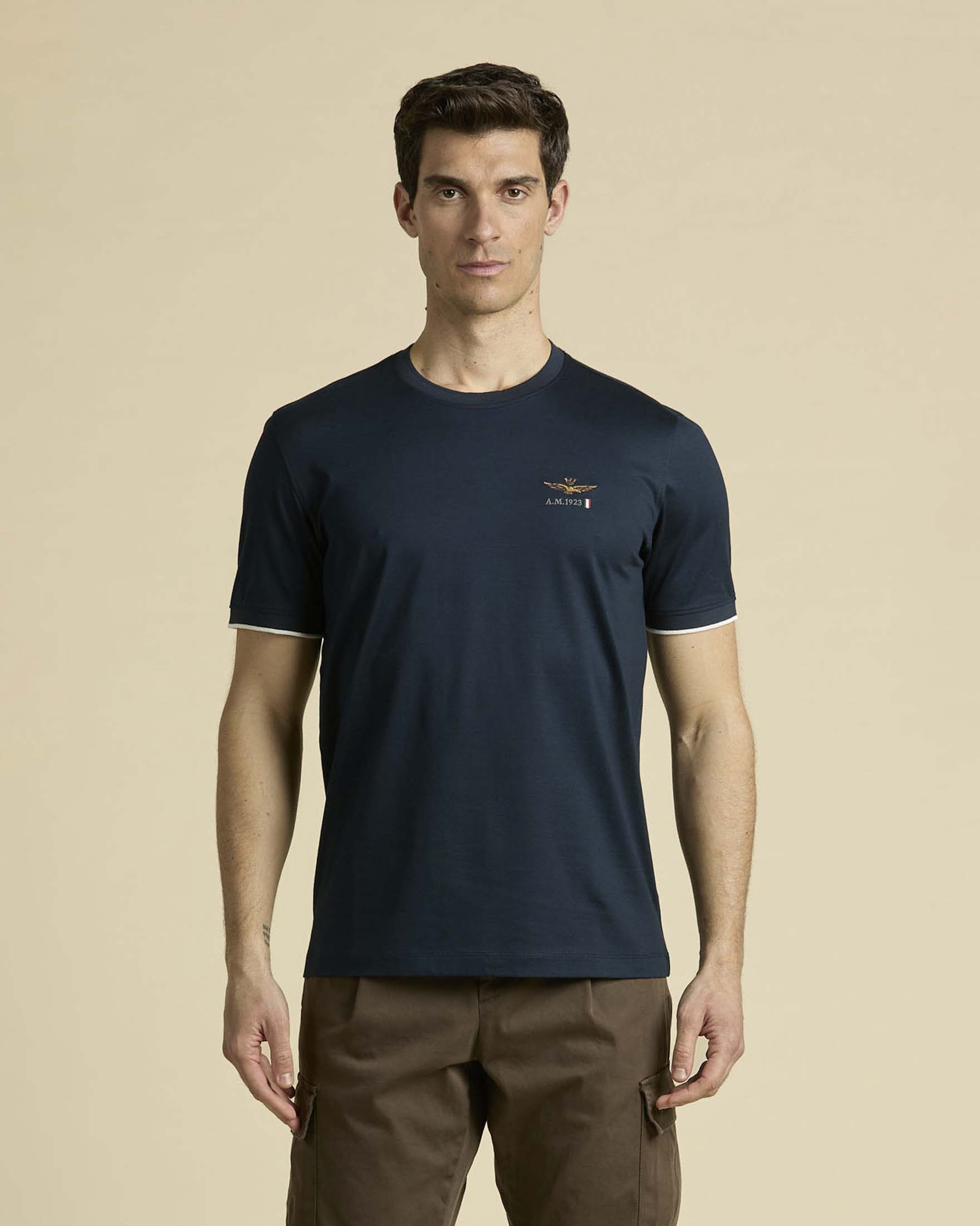 T-shirt Aeronautica Militare blu mezza manica in puro cotone mercerizzato con bordino bianco
