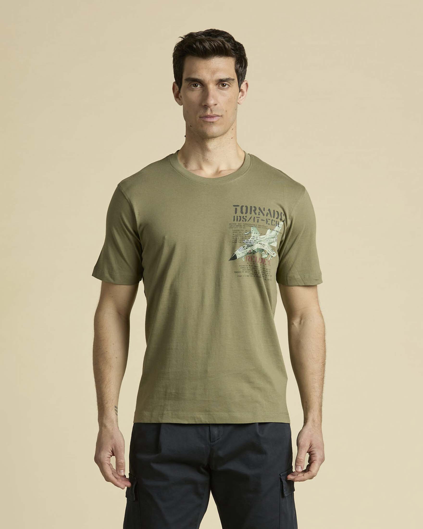 T-shirt verde militare mezza manica Aeronautica Militare con stampa Tornado