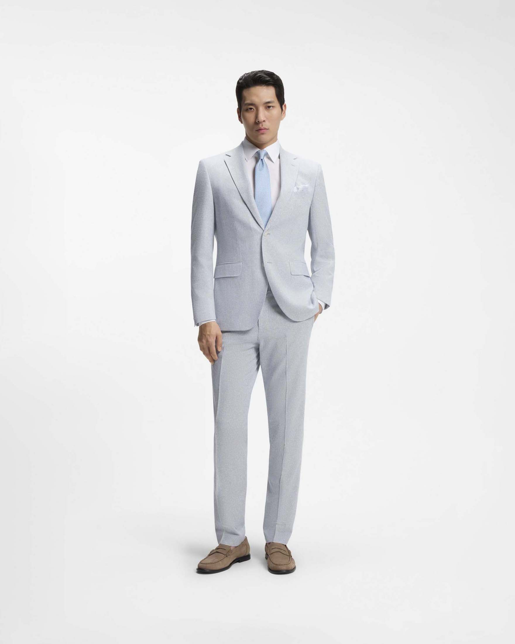 Abito Boss Jeckson in misto viscosa cotone e lino micro riga bianca e azzurra