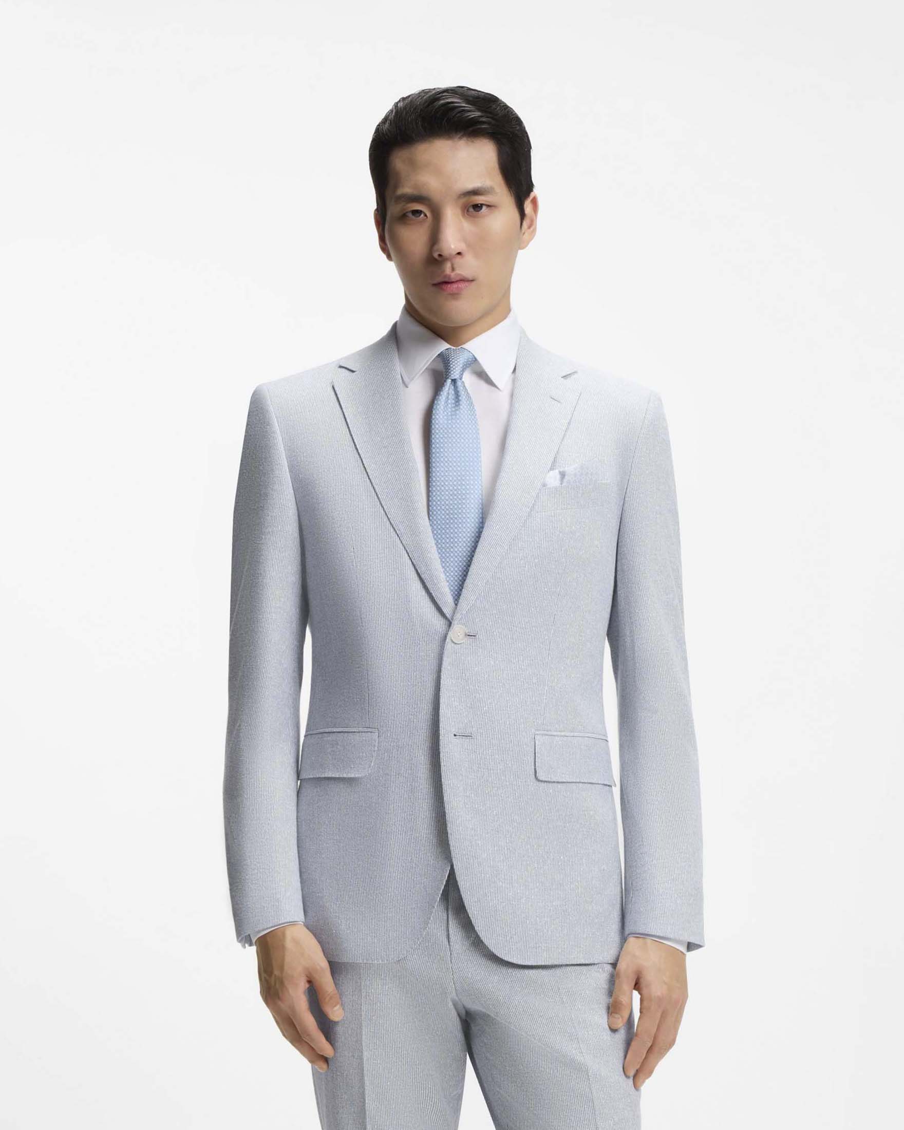 Abito Boss Jeckson in misto viscosa cotone e lino micro riga bianca e azzurra image