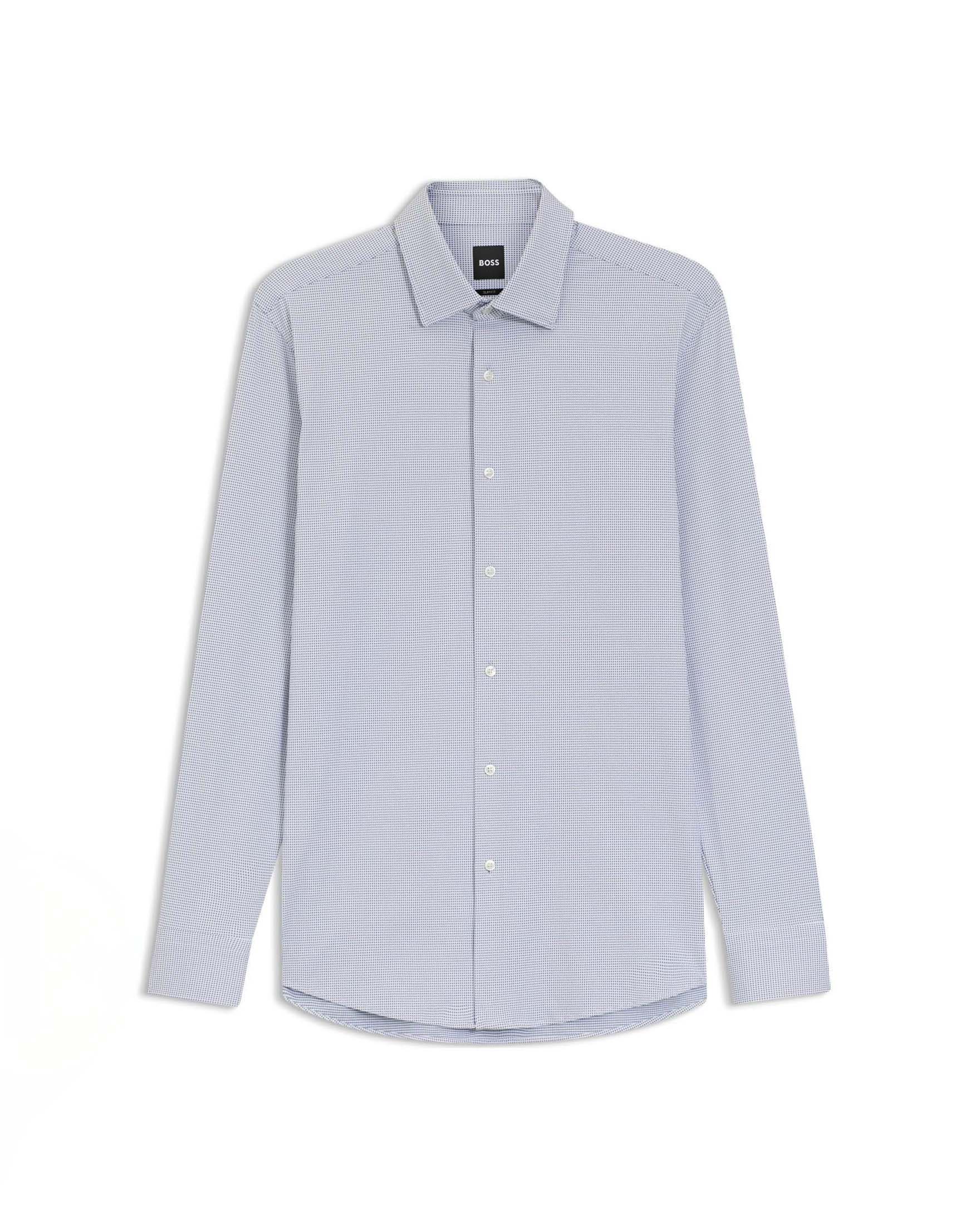 Camicia Boss azzurra Hank slim fit in tessuto tecnico stretch micro armatura con colletto Kent